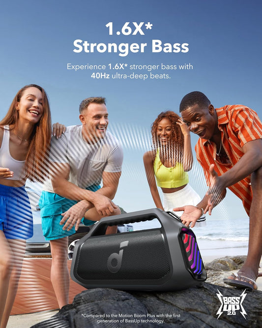 soundcore Boom 2 Plus Outdoor Speaker, 140W, 2+2 Channel, BassUp 2.0, 20H, Fast Charge, IPX7 Waterproof, RGB Lights, USB-C, Power Bank, Portable Bluetooth Speaker, Camping, Beach, Backyard-Black - PuriLite
