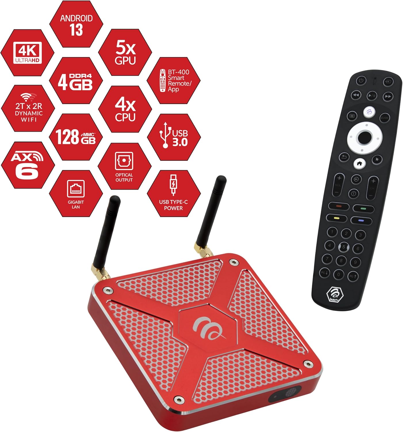 BuzzTV X5 SS Android 13 TV Box, 4GB DDR4 RAM, 128GB Storage, Scarlet Red Aluminum, Dual Voice-Controlled Remote, Wireless AX, USB-C, Global Power Adapters