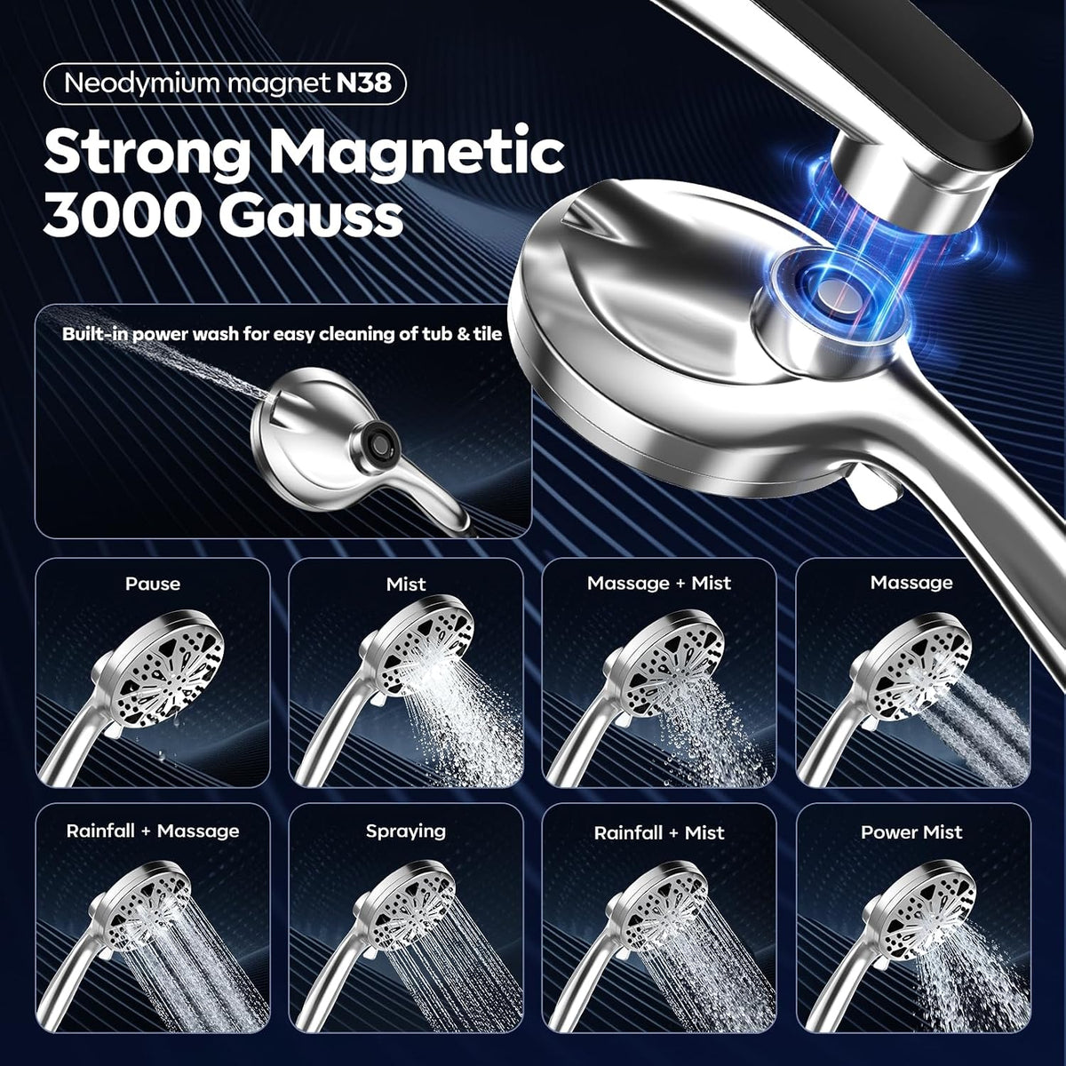 Rain Shower Head with Handheld High Pressure Rainfall Shower Heads with Handheld Spray Combo Adjustable one-piece Stand daul Shower Head Built-in Magnetic Docking and Power Jets(Sliver)