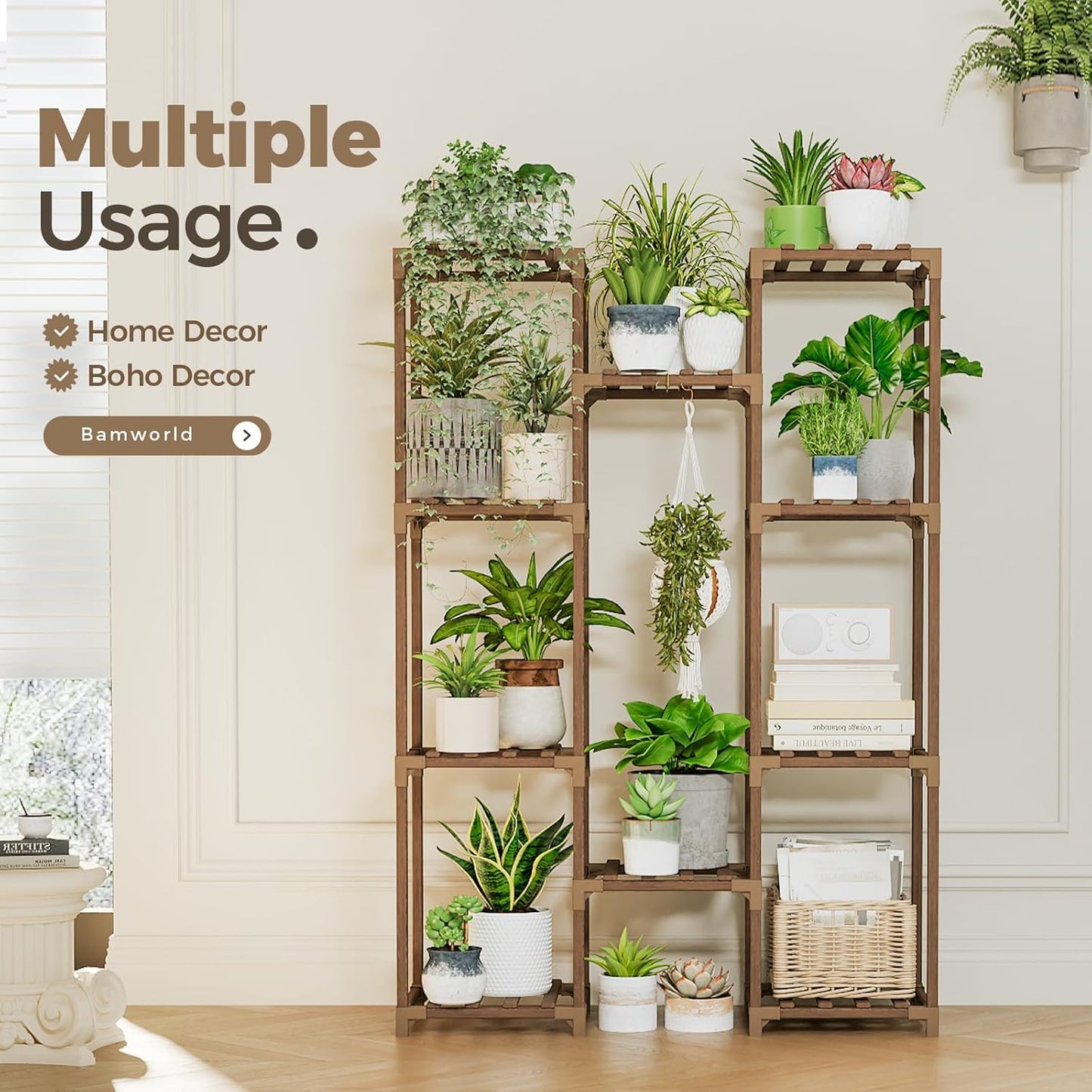 Bamworld Plant Stand Indoor Outdoor Hanging Plant Shelf for Multiple Plants Pots Wood Flower Stand Tall Large Flower Holder for Living Room, Patio, Balcony, Garden Decor, Brown
