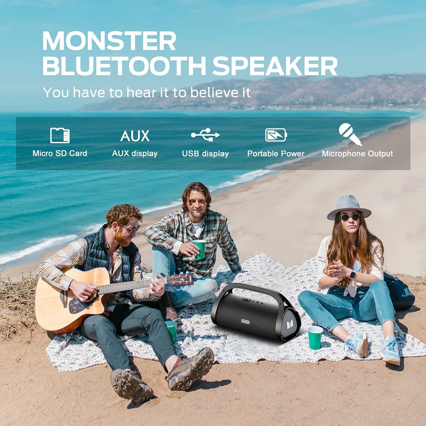 Monster Adventurer Max Bluetooth Speaker with Two Wireless Microphones, IPX7 Waterproof Outdoor Speakers with 100W Powerful Stereo Sound, Portable Bluetooth Speakers for Home, Camping, Silver