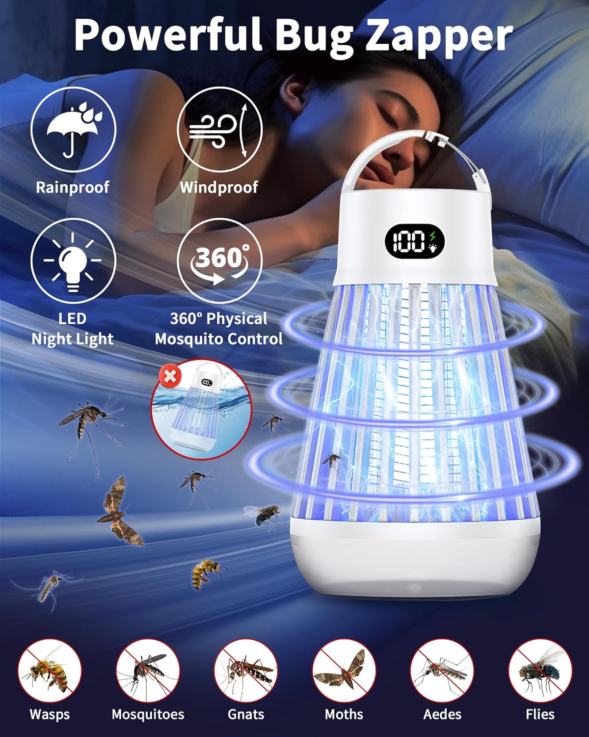 Eachway Bug Zapper Outdoor, 2 in 1 Powered Mosquito Zappers Killer with 2000mAh Battery & LED Light, 2000V Electric Fly Zapper, Waterproof Insect Zapper for Backyard, Patio (Black)