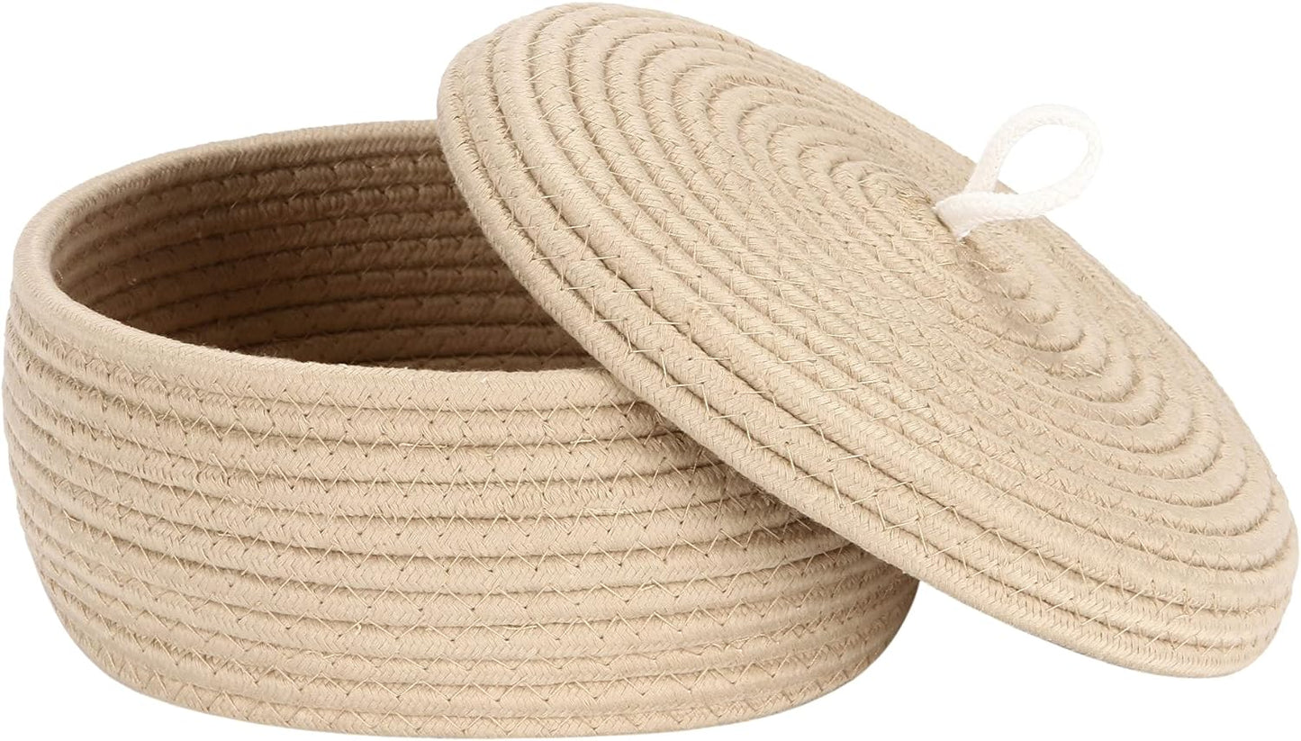 Sea Team Round Cotton Rope Storage Basket with Lid, Decorative Woven Storage Bin, Pot, Caddy, Organizer, Container for Snacks, Towels, Plants (Grey, Small)