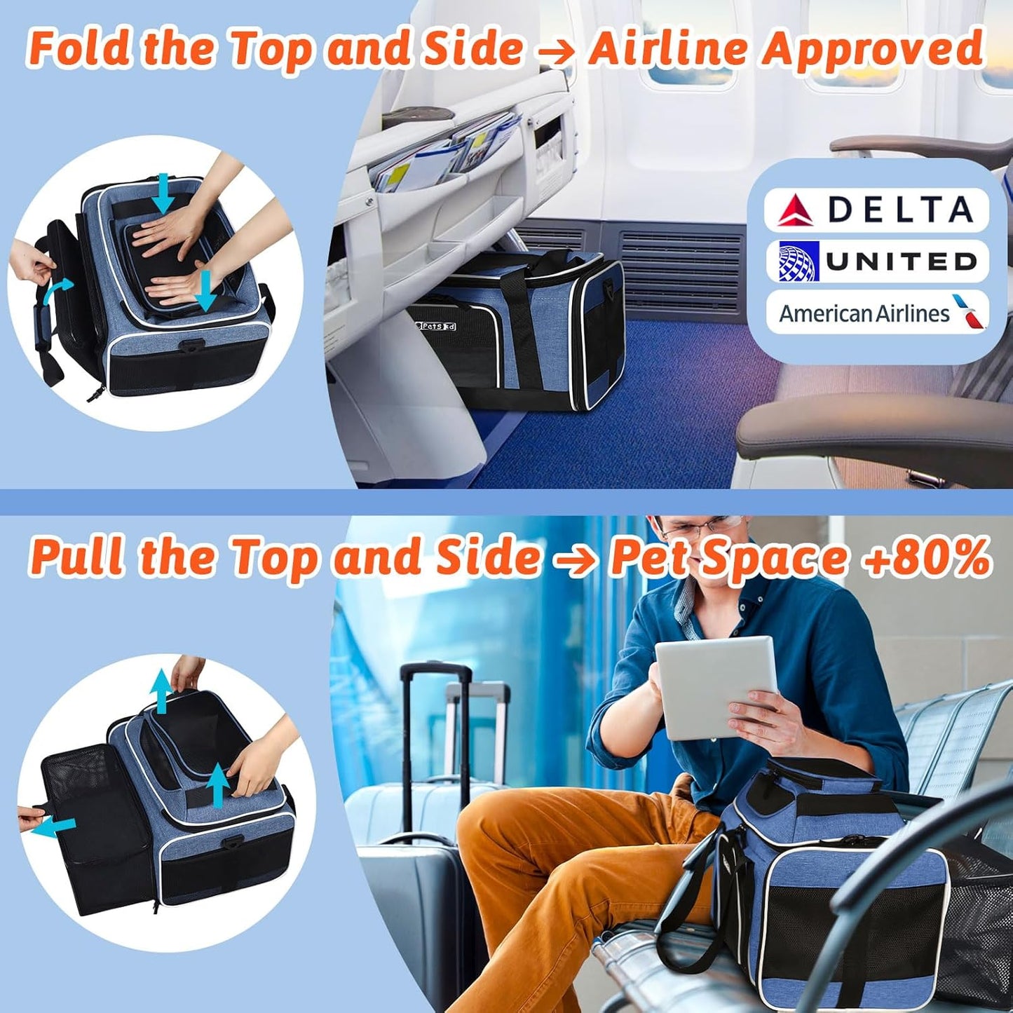 Petskd Top and Side Expandable Pet Carrier 17x12x8.5 Inches JetBlue Frontier Spirit Airline Approved, Soft-Sided Carrier for Small Cats and Dogs with Locking Safety Zipper and Anti-Scratch Mesh(Black)