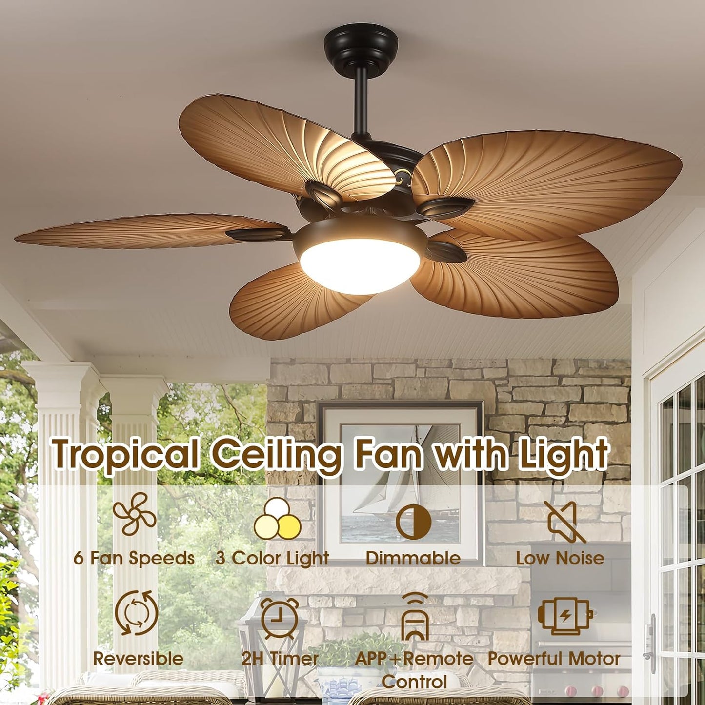 Wiviniya Ceiling Fans with Lights and Remote/APP Control, 44 Inch Tropical Palm Leaf Ceiling Fan with LED Lights, Outdoor Ceiling Fans for Patios Porch, Reversible Quiet Motor, Dimmable, Light Brown