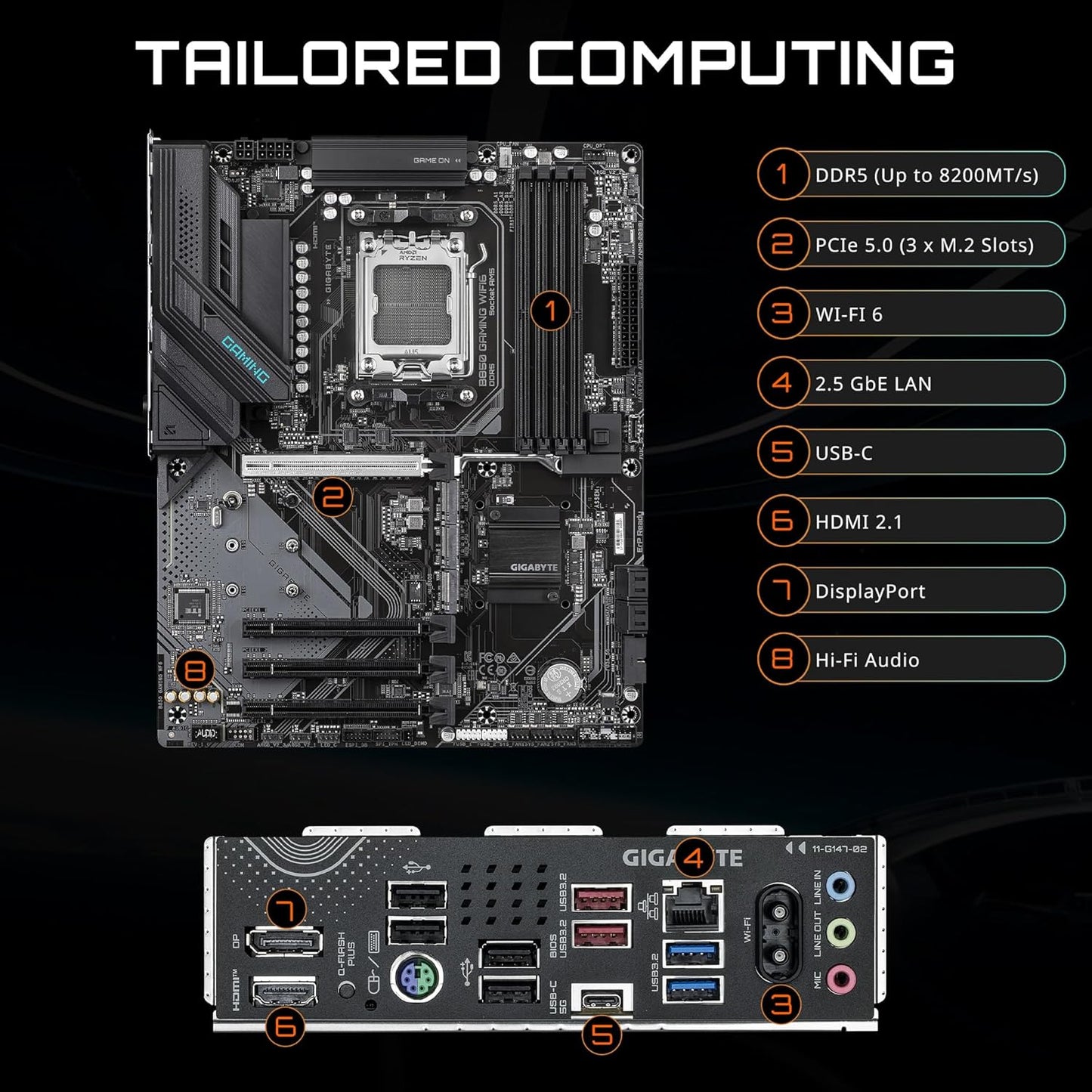 GIGABYTE B850 Gaming WIFI6 AMD AM5 LGA 1718 Motherboard, ATX, DDR5, 3X M.2, PCIe 5.0, USB-C, WIFI6E, 1GbE LAN, EZ-Latch, 5-Year Warranty