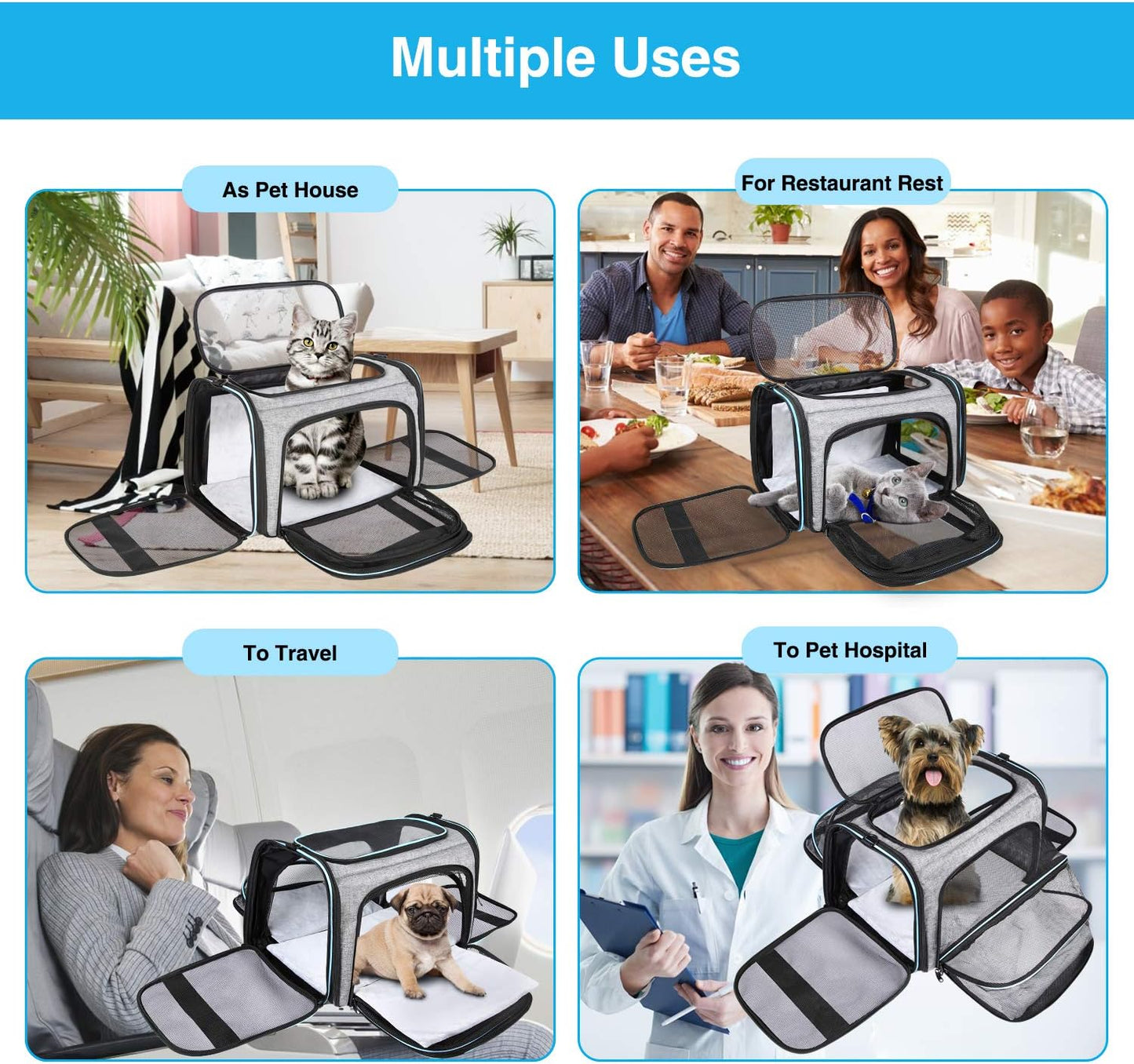 MASKEYON Airline Approved Portable Pet Carrier 2 Sides Expandable Soft-Sided Large Cats Carrier Collapsible Kennel Travel TSA Carrier 4 Doors with Removable Pads and 3 Pockets for Puppy Small Dogs