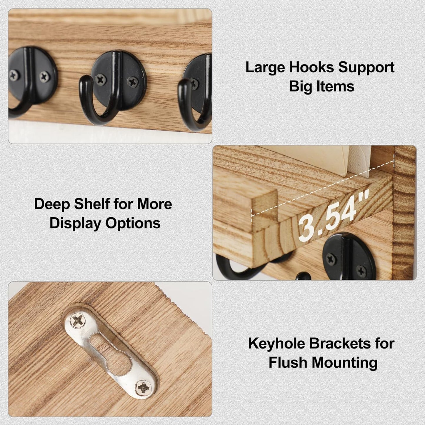 Lwenki Key Holder for Wall, Decorative Key and Mail Holder with Shelf Has Large Key Hooks for Bags, Coats, Umbrella – Paulownia Wood Key Hanger with Mounting Hardware (Black)
