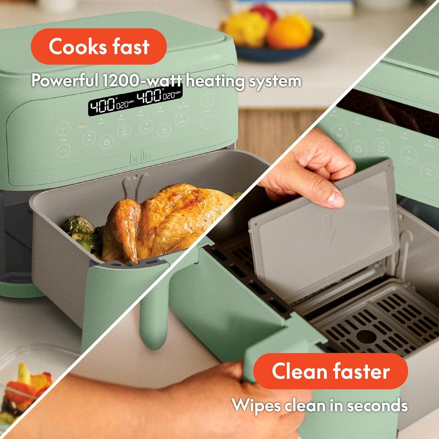bella 4Qt Slim Air Fryer, Fits-anywhere Kitchenware, EverGood Ceramic Nonstick Coating, Adjustable Temperature, 6 Preset Cooking Options, 60 Min Auto Shutoff w Audible Tone, 3.3lb Capacity, Surf
