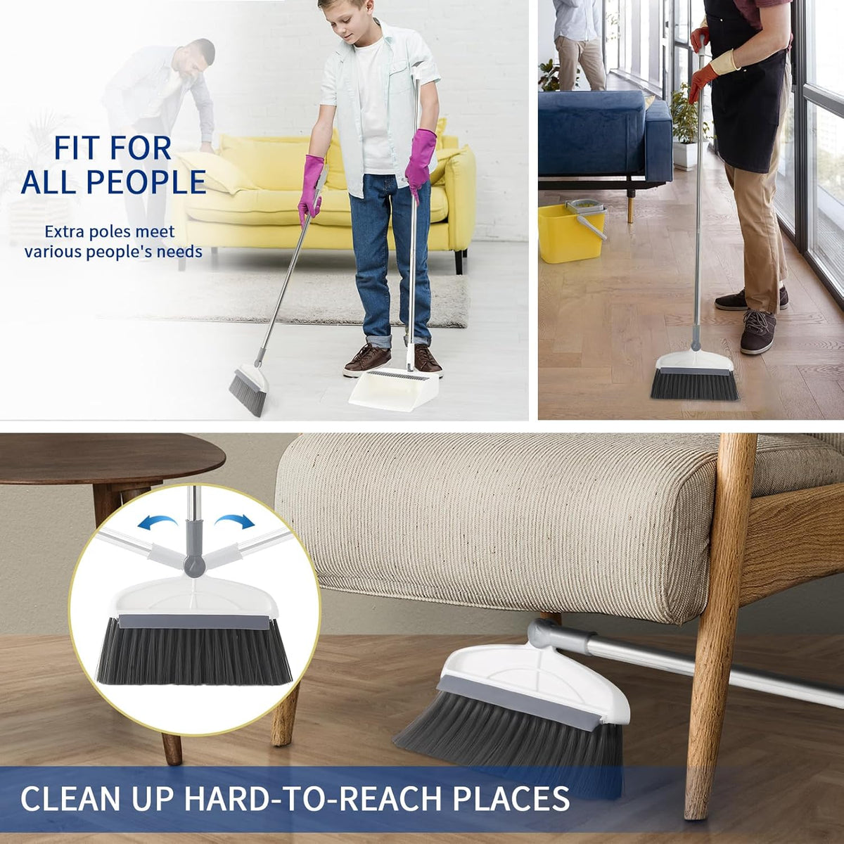 Broom with Dustpan Combo Set, 2 in 1 Broom and Dustpan Set with Long Handle, Upright 180° Rotating Broom with Brush and Lightwight Dust Pans for Home Kitchen Room Office Lobby Floor Cleaning,White