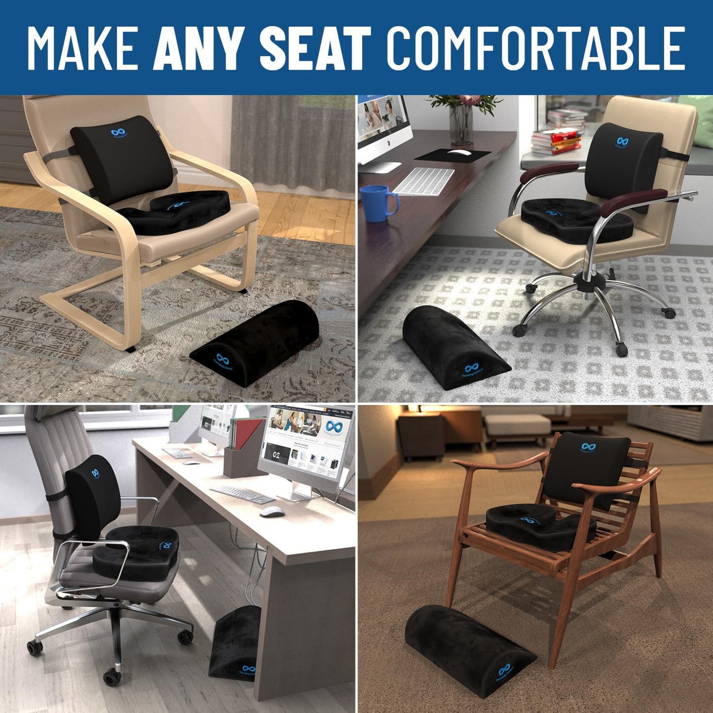 Everlasting Comfort Memory Foam Seat Cushion - Office Chair Cushion for Work, Travel, Car Support Pillow for Driving - Portable Seat for Chairs and Desks - Coussin Chaise - Black