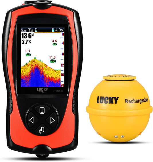 LUCKYLAKER Portable Fish Finder Transducer Sonar Sensor 147 Feet Water Depth Finder LCD Screen Echo Sounder Fishfinder with Fish Attractive Lamp for Ice Fishing Sea Fishing