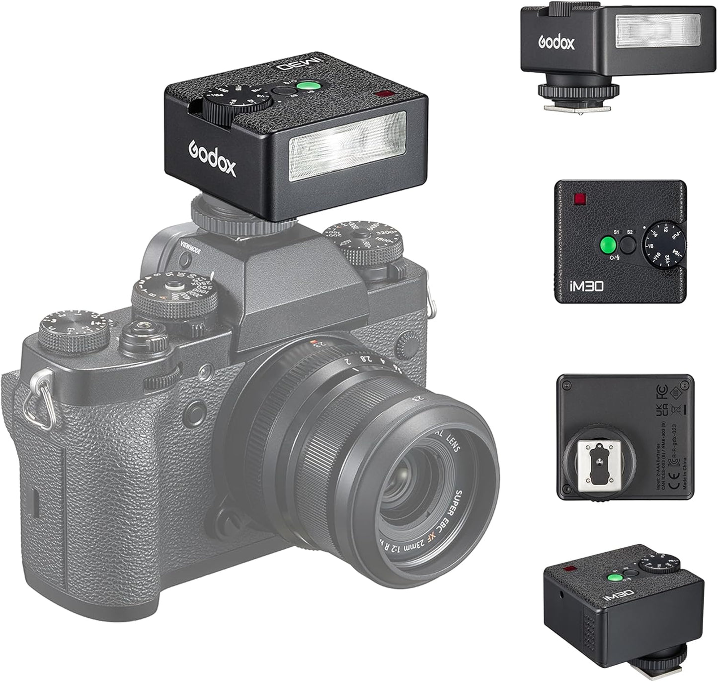 Godox iM30 Mini Speedlite, GN15 with 13 Levels Flash Power, CCT 6500K±200K, S1/S2 Optical Control for Fuji, Canon, Nikon, Sony, Olympus Cameras