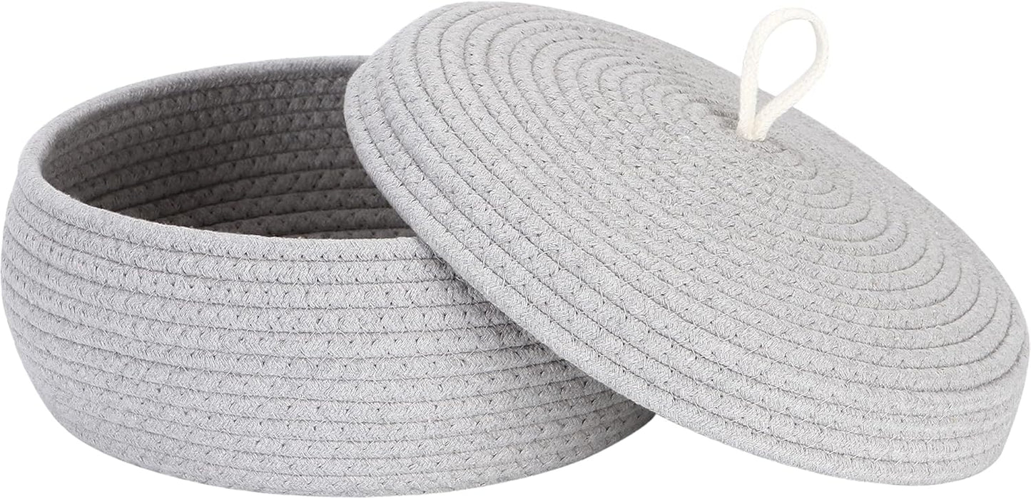 Sea Team Round Cotton Rope Storage Basket with Lid, Decorative Woven Storage Bin, Pot, Caddy, Organizer, Container for Snacks, Towels, Plants (Grey, Small)