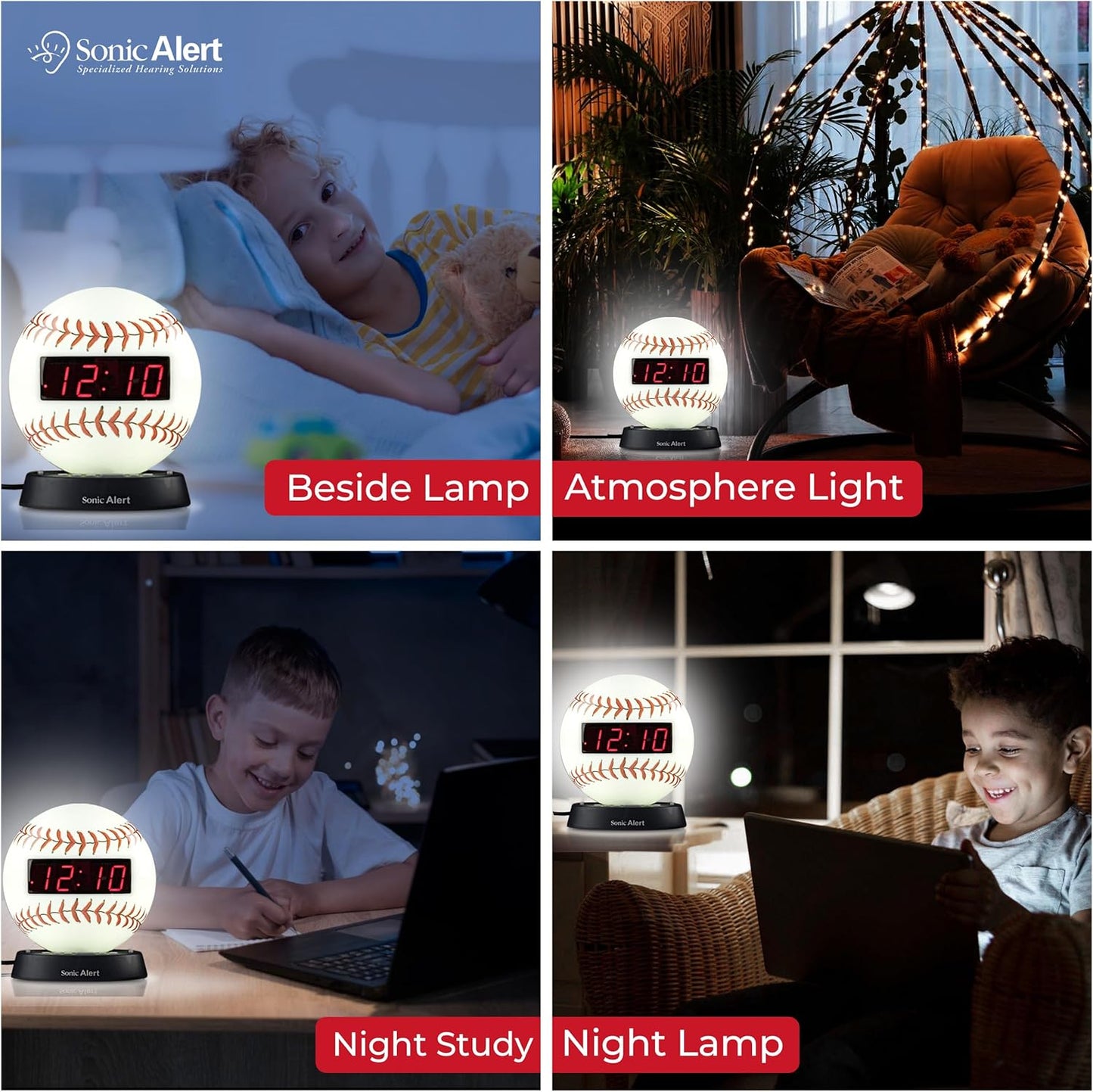 Sonic Alert Baseball Alarm Clock Nightlight for Heavy Sleepers - Loud & Compact Alarm Clock for Bedroom - Battery Backup & Full Range Dimmer - Easy to Set Digital Alarm Clock for Kids - AUX Connection