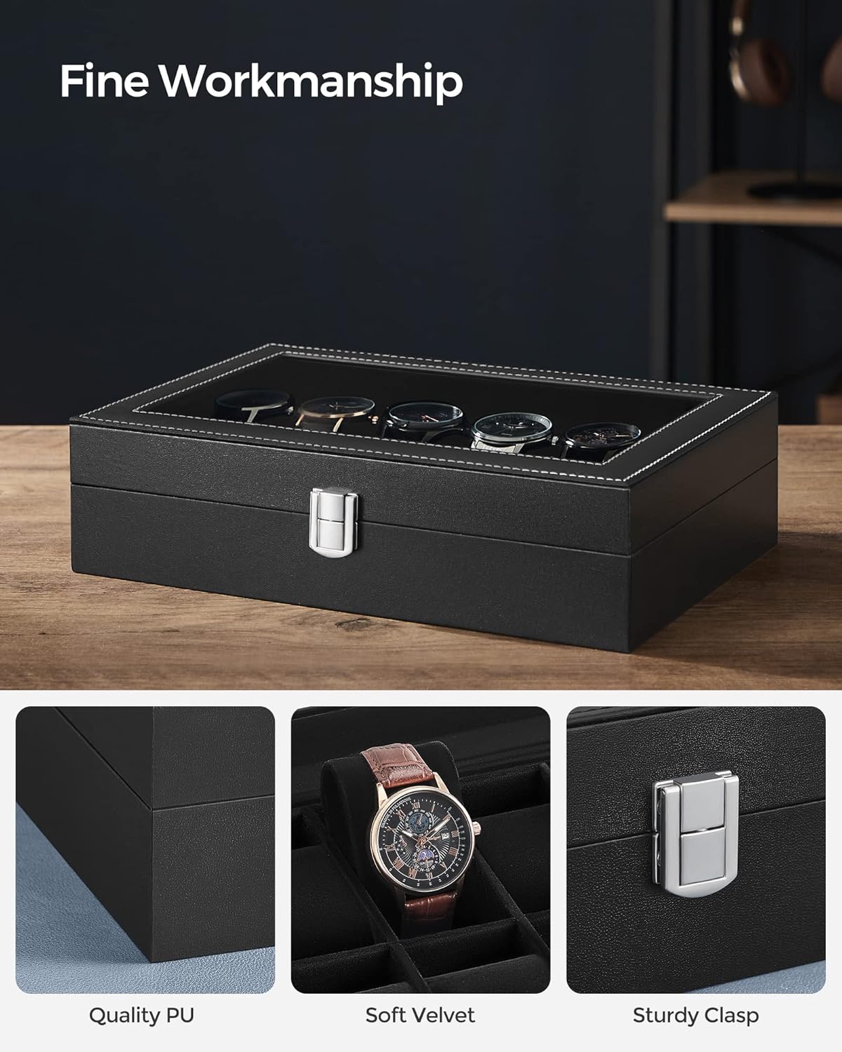 SONGMICS Watch Box, 6-Slot Watch Case, Watch Box Organizer, Black Synthetic Leather, Greenish Gray Lining UJWB06BK