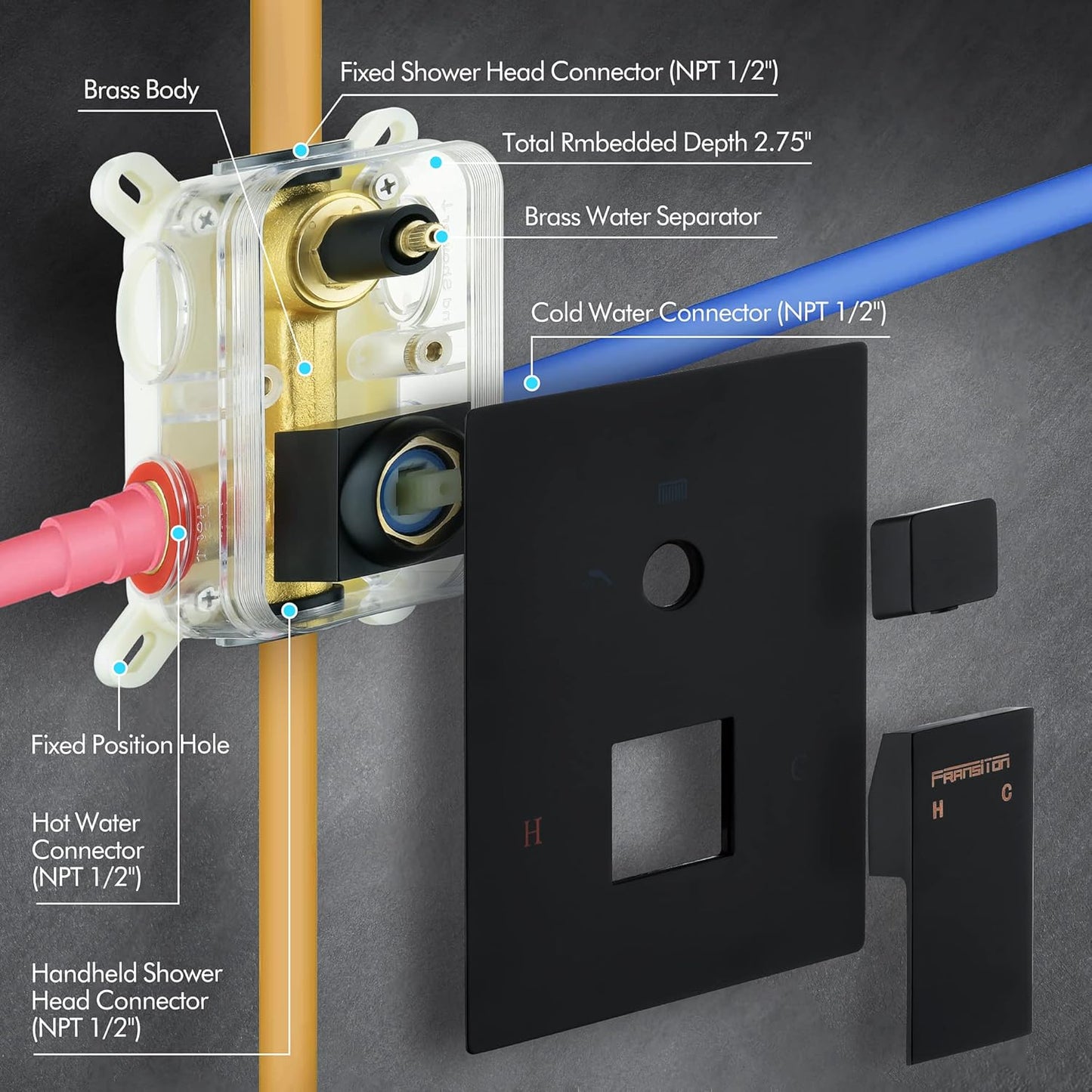 Fransiton Shower System Rain Shower System Set Ceiling Mounted, Rainfall Shower Head with Handheld, Bathroom Shower Kit (Valve Included) (8" - Wall Mount, Matte Black)