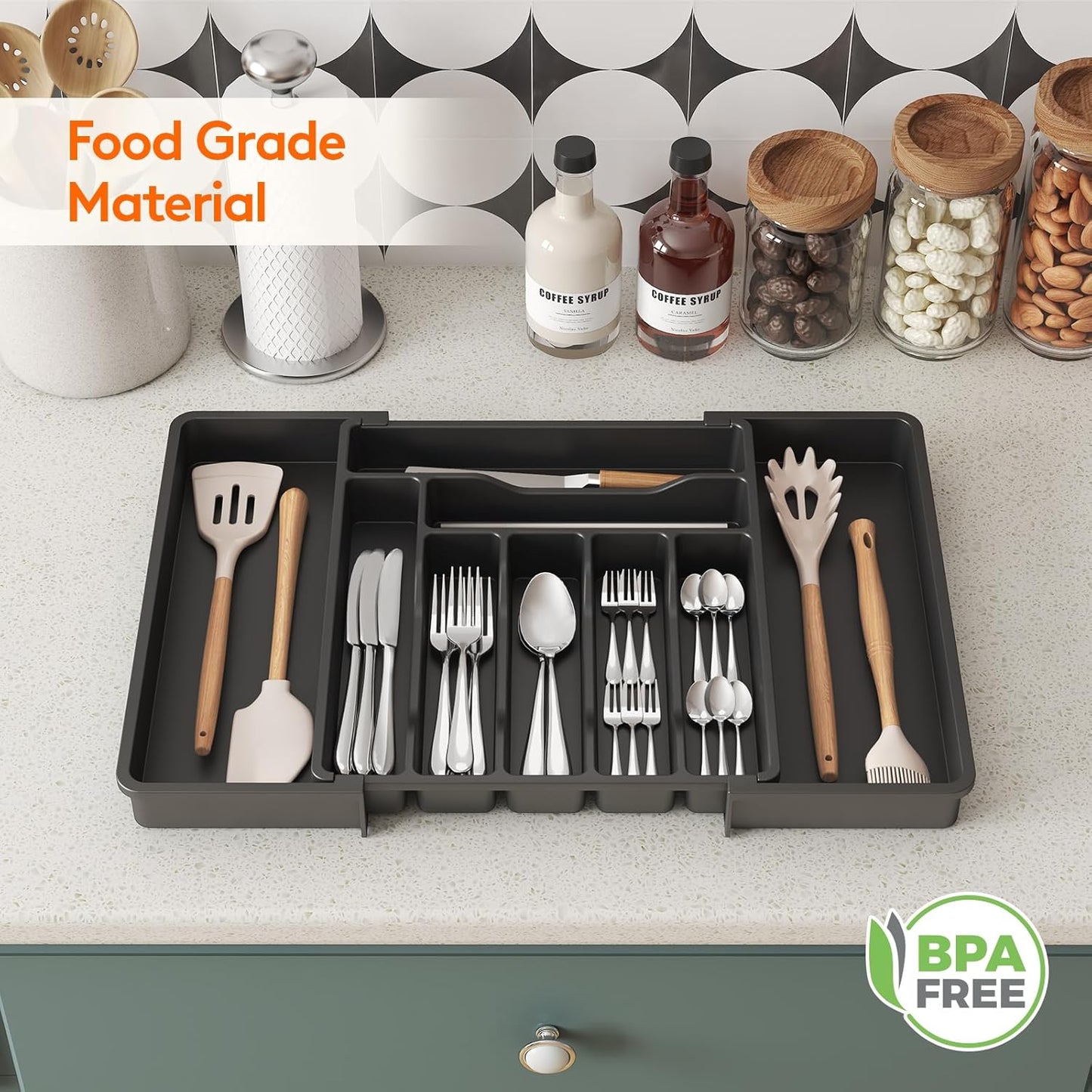 Lifewit Cutlery Organizer, Expandable Utensil Organizer for Kitchen, Utensil Holder, Adjustable Cutlery Rack Organizer for Spoons, Knives, Kitchen Organizers and Storage, Black