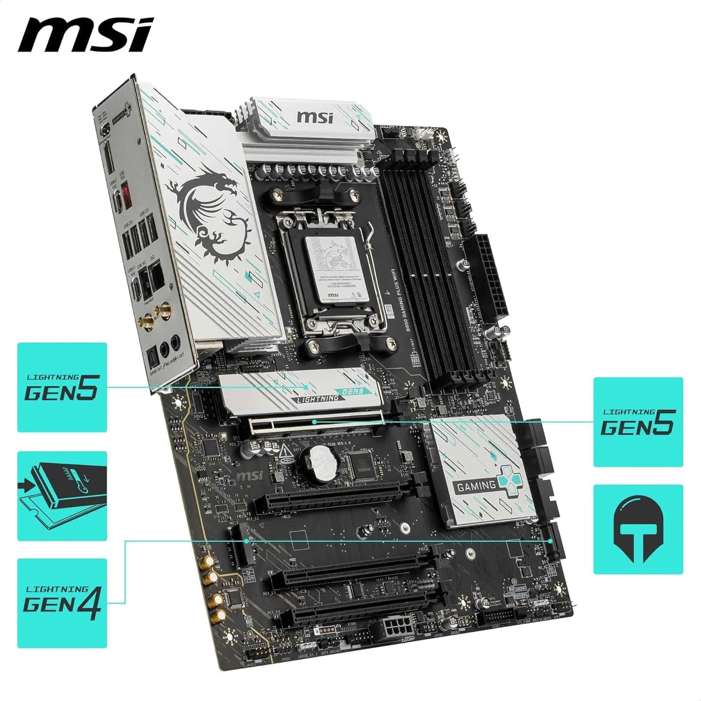 MSI B850 Gaming Plus WiFi Gaming Motherboard (AMD Ryzen 9000/8000/7000 Series Processors, AM5, DDR5, PCIe 4.0, M.2, SATA 6Gb/s, USB 3.2 Gen 2, HDMI/DP, Wi-Fi 6E, Bluetooth 5.3, 2.5Gbps LAN, ATX)