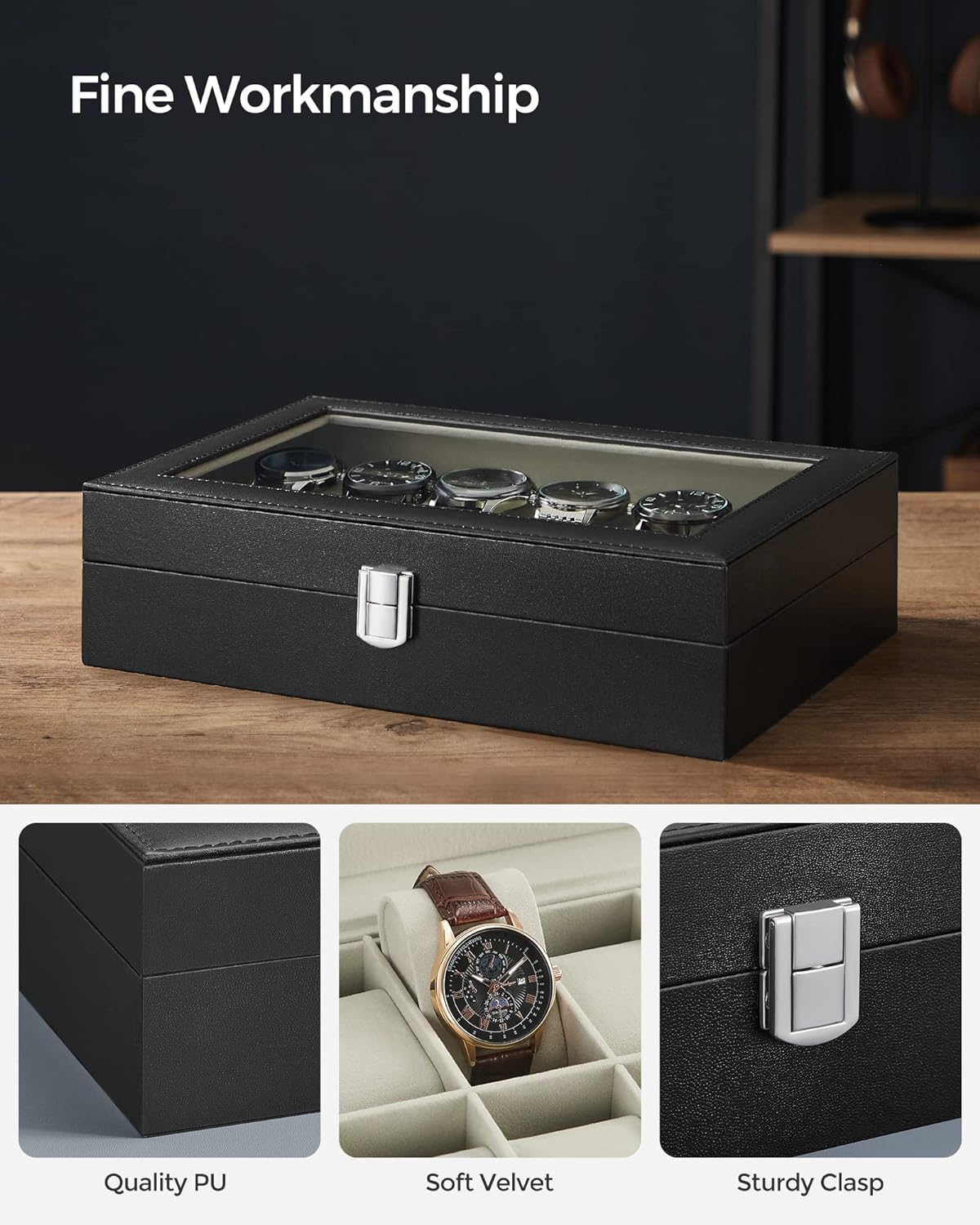 SONGMICS Watch Box, 6-Slot Watch Case, Watch Box Organizer, Black Synthetic Leather, Greenish Gray Lining UJWB06BK