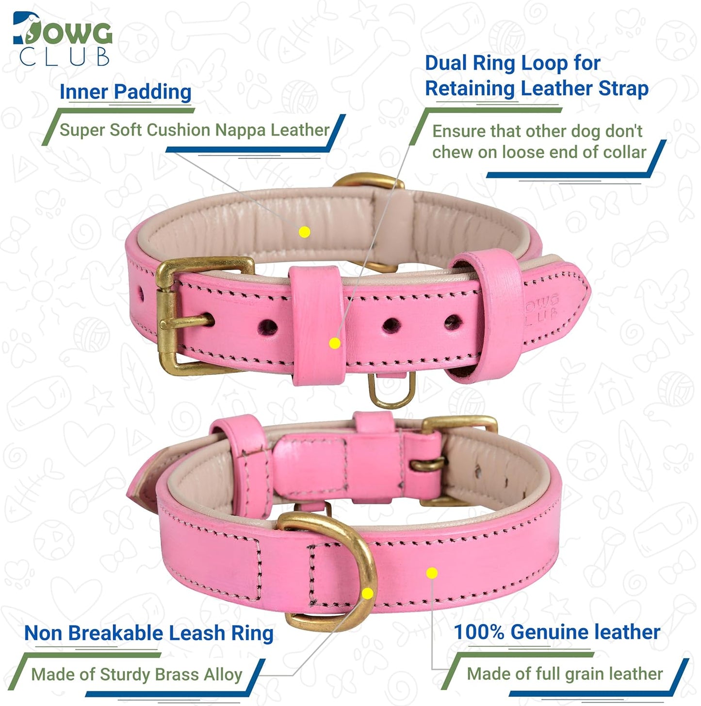 DowgClub | Genuine Leather Dog Collar | Full Grain, Heavy Duty | Comfortable, Strong | Best for Pups, Small, Medium & Large Breeds | Pink, Brown, Black, Tan