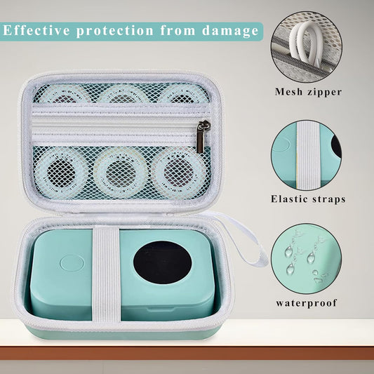 TUGUAI Label Maker Case Compatible with NiiMbot D11 D110 SUPVAN E10 Phomemo D30 Nelko P21 Label Printer, Hard Carrying Container Storage Holder Organizer for Tape Roll, Charging Cable, Green - PuriLite