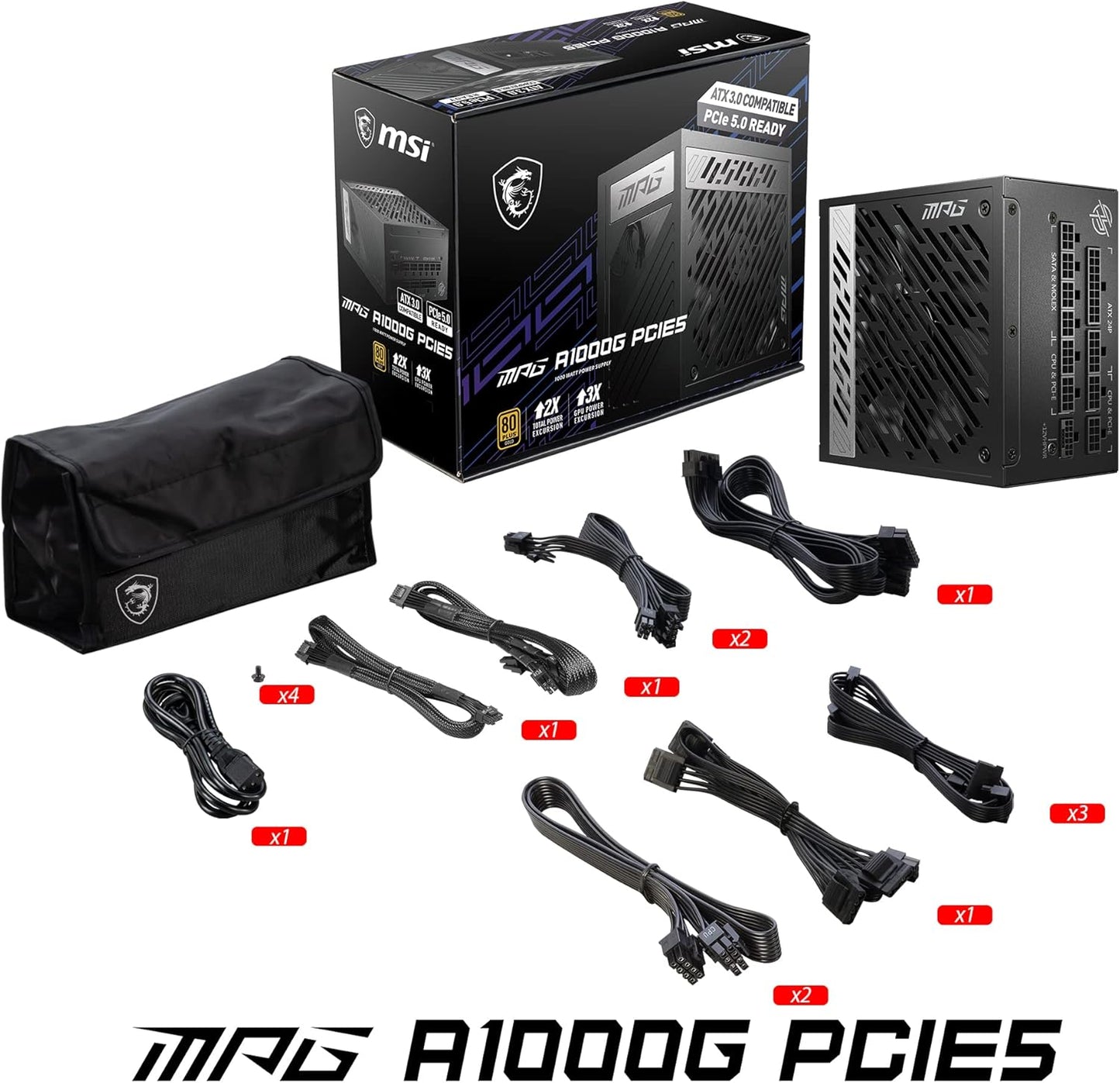 MSI MPG A1250GS PCIE5, 80 Plus Gold Full Modular 1250W Power Supply, 12V-2x6 Cable, ATX 3.1 & PCIE 5.1 Ready