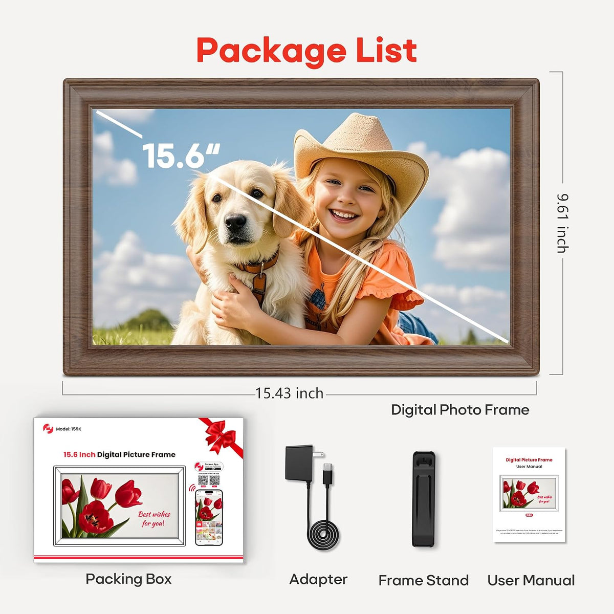 64GB 15.6" Frameo Digital Picture Frame WiFi, Large Electronic Photo Frames 1920 x 1080 IPS FHD Touch Screen, Send Photos from Your Phone from Anywhere, Best Gifts for Family and Friends Brown Wood