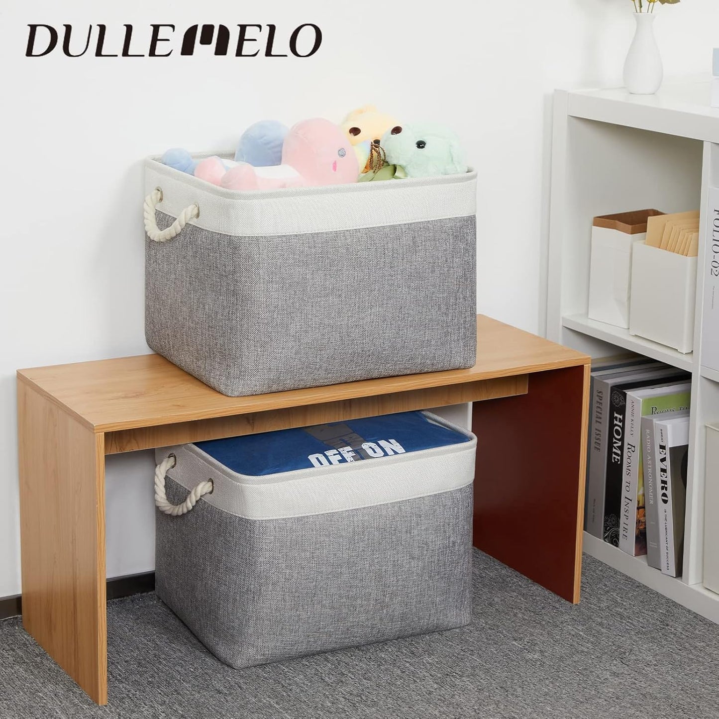 DULLEMELO Storage Baskets for Shelves, Fabric Collapsible Rectangular Storage Bins for Shelves, Closets, Nursery, Home, Office, Empty Gift Baskets (White&Teal)