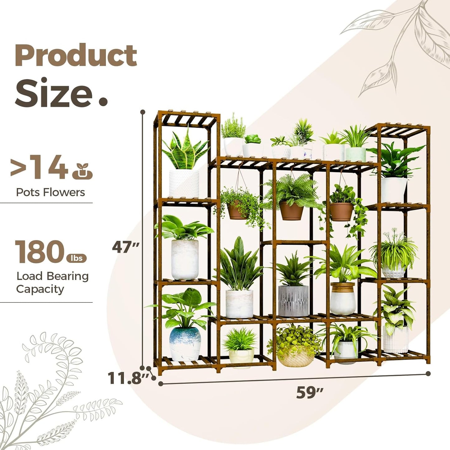 Bamworld Plant Stand Indoor Outdoor Hanging Plant Shelf for Multiple Plants Pots Wood Flower Stand Tall Large Flower Holder for Living Room, Patio, Balcony, Garden Decor, Brown