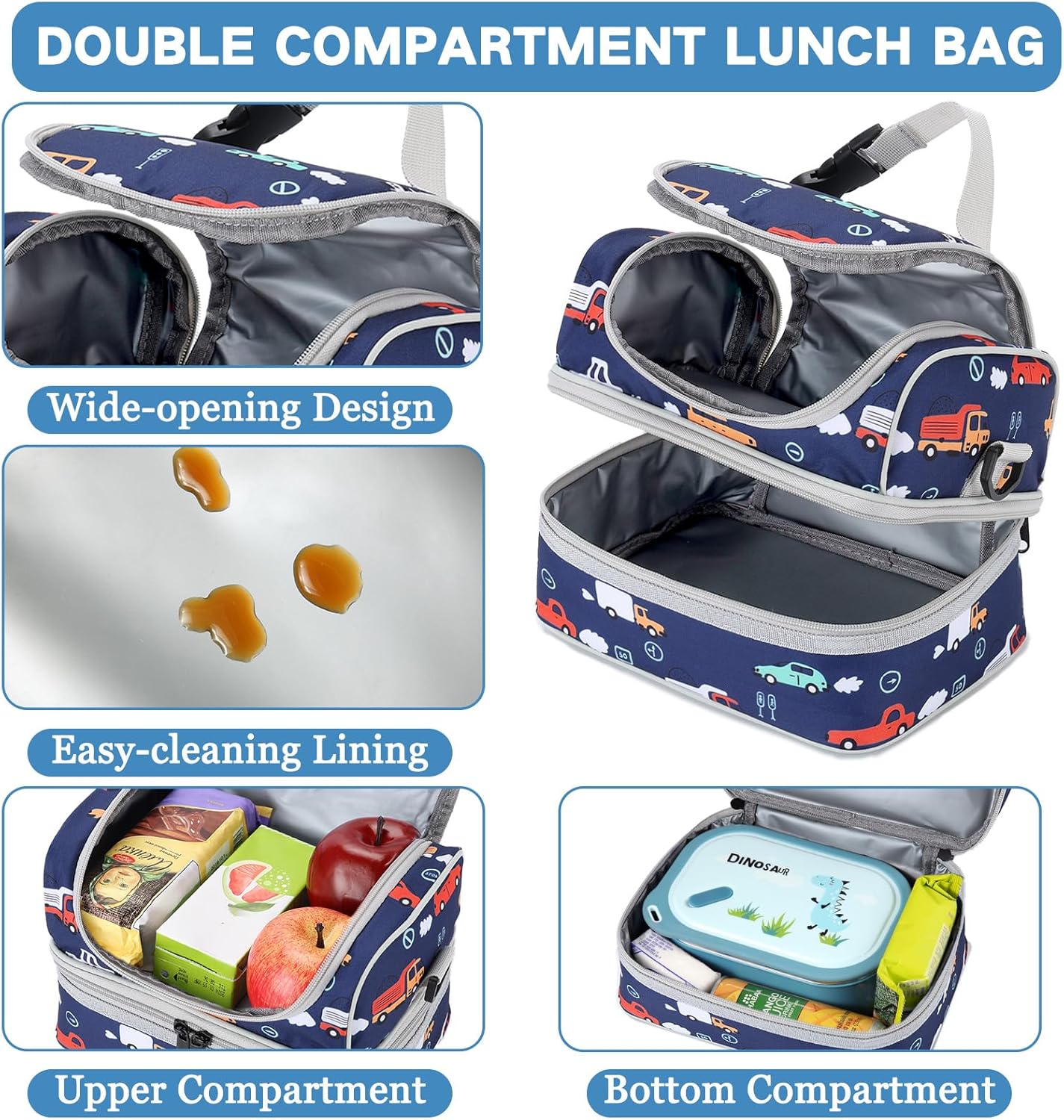 VASCHY Lunch Box Bag Men, Insulated Two Compartments Bento Cooler Bags for Adults/Women/Kids for School,Daycare,Kindergarten,Picnic Black