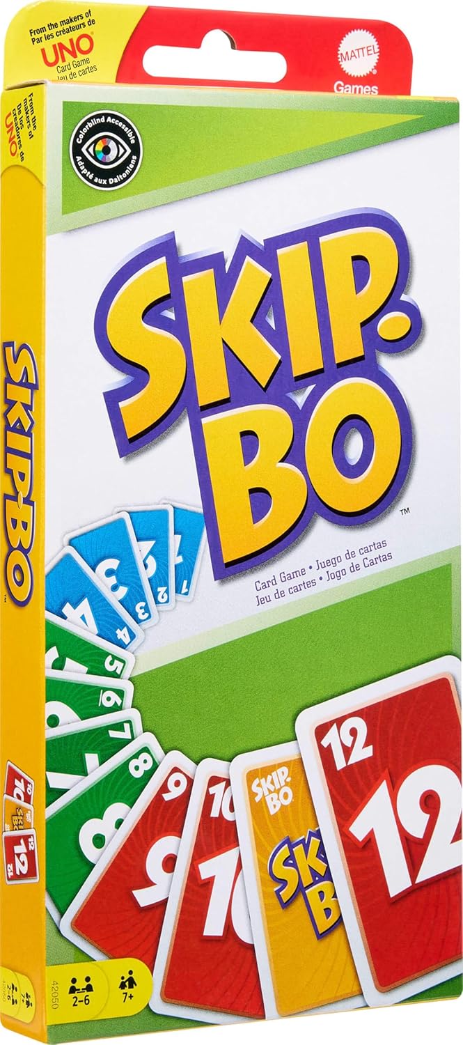 Mattel Games Skip-Bo Card Game for Kid, Adult & Family Nights, Color Blind Accessible Deck for 2 to 6 Players Ages 7+