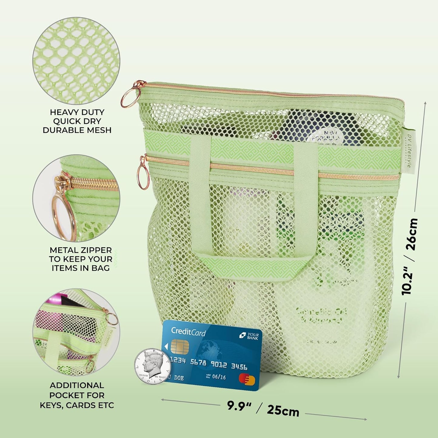 Mesh Shower Caddy Portable 10.2x9.9'' Shower Bag with Zipper & 2 Pockets. Shower Tote Ideal for Gym, Travel, Camp, Beach, for Sunscreen, Dorm & College Essentials (Black)