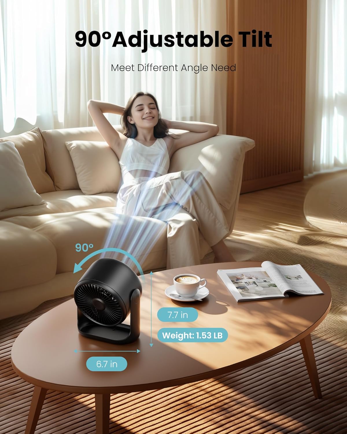 Gaiatop 7.7-Inch Rechargeable Desk Fan with Touch Control – Ultra Quiet USB-C Desktop Fan with 4000mAh Battery, 5 Speeds, LED Display & 90° Adjustable Tilt - PuriLite