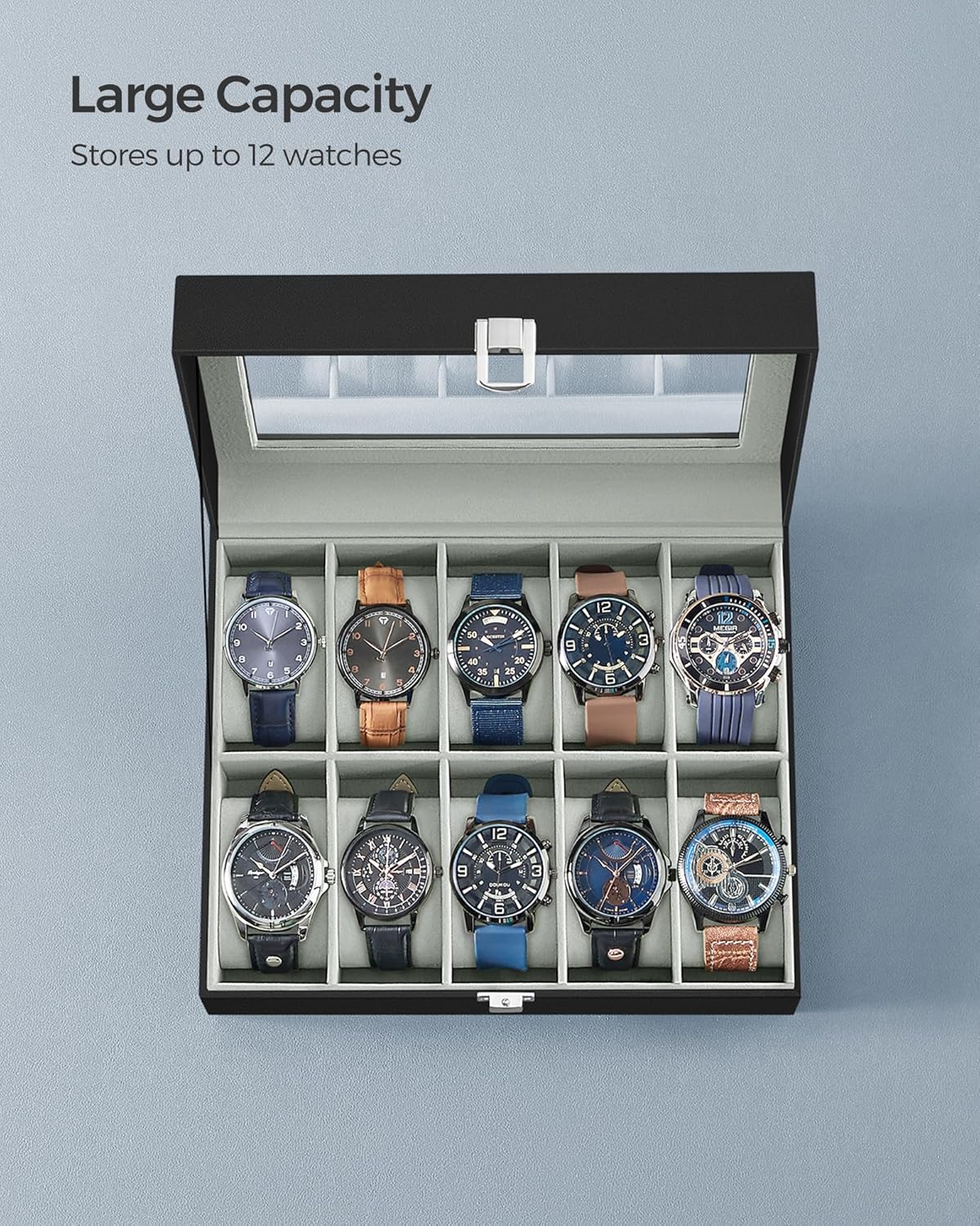 SONGMICS Watch Box, 6-Slot Watch Case, Watch Box Organizer, Black Synthetic Leather, Greenish Gray Lining UJWB06BK