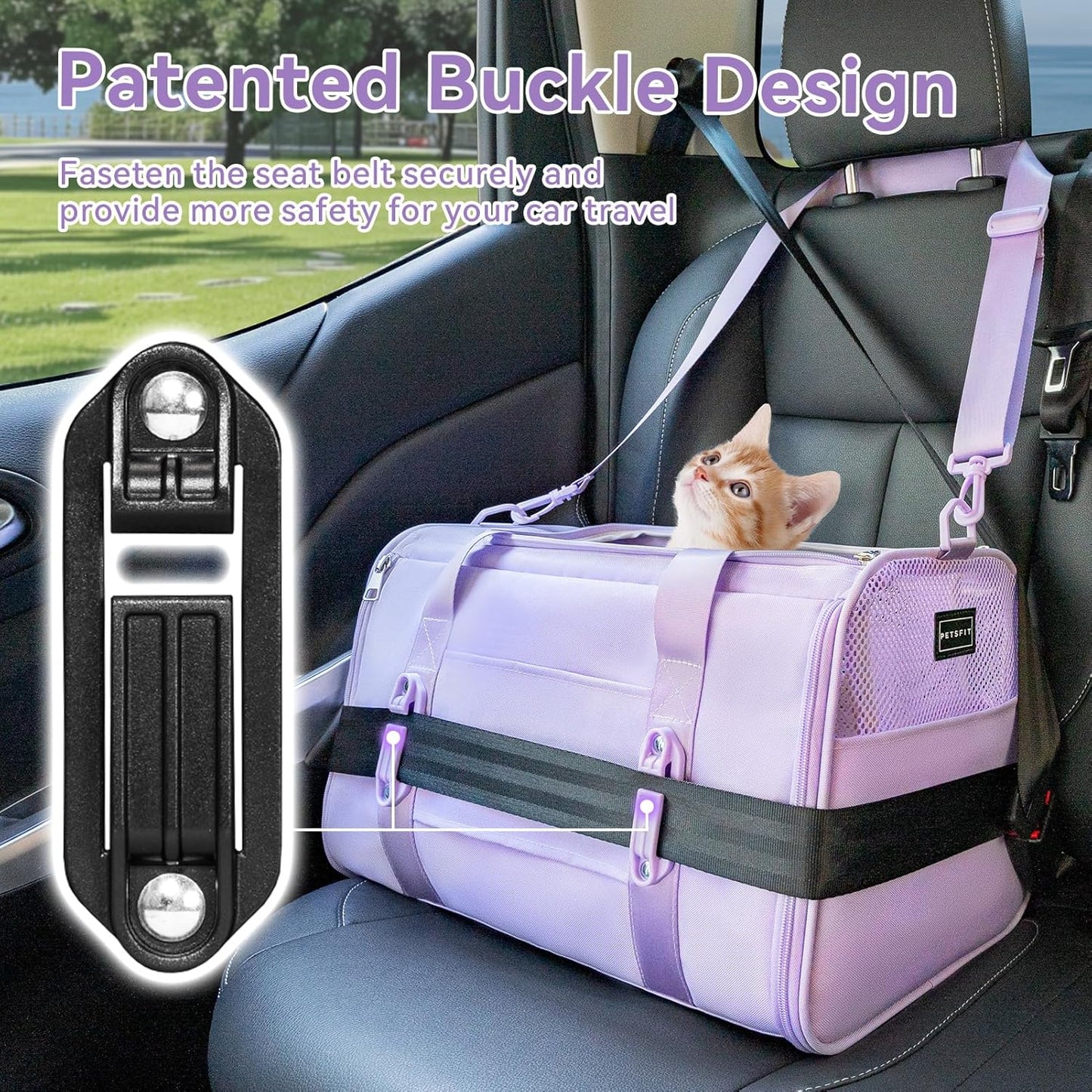 Petsfit Pet Carrier Airline Approved, Soft-Sided Cat Carrier with Patented Car Buckle, Lightweight and Collapsible with Adjustable Shoulder Strap, Soft Cushion,Green