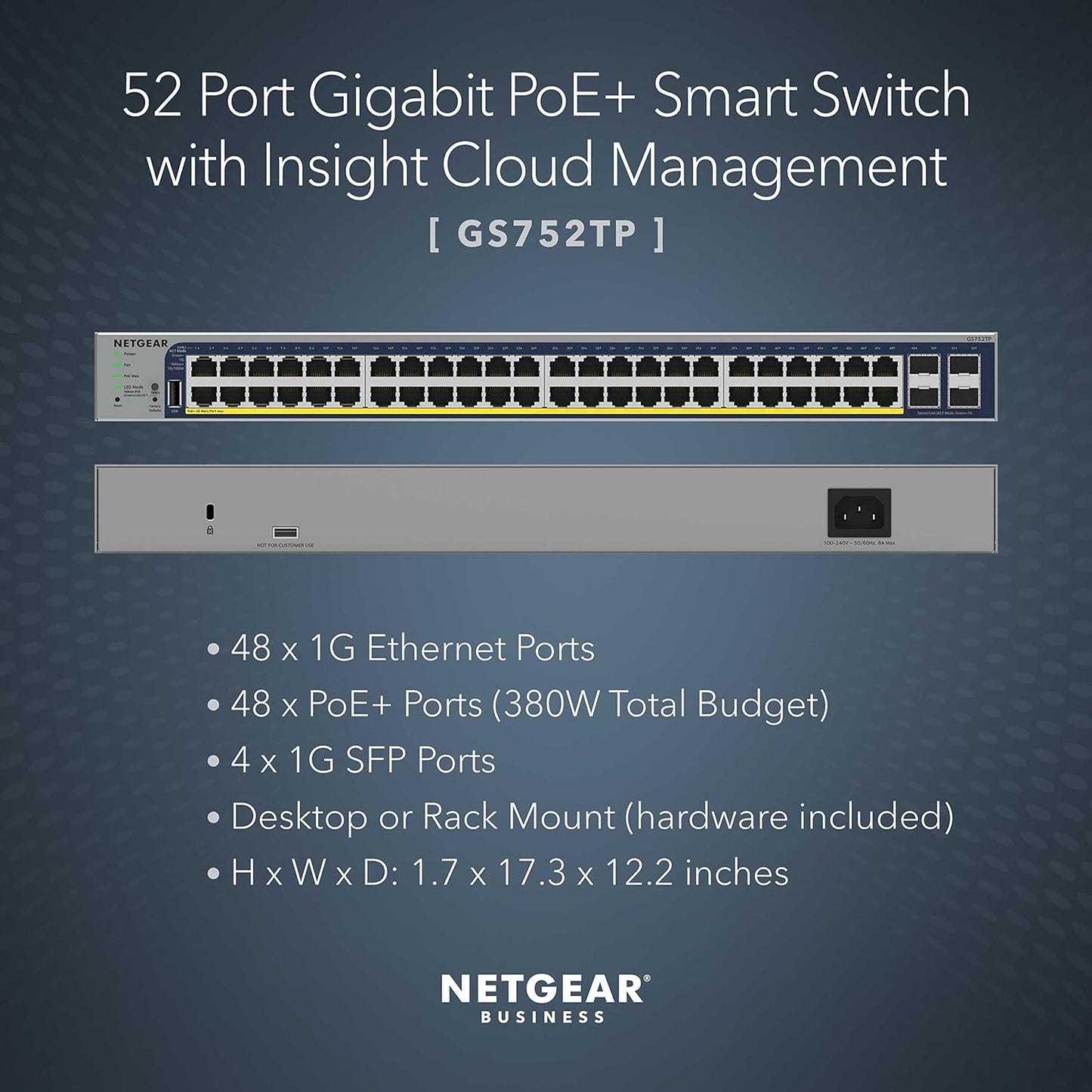 NETGEAR 26-Port PoE Gigabit Ethernet Smart Switch (GS724TP) - Managed, 24 x 1G, 24 x PoE+ @ 190W, 2 x 1G SFP, Optional Insight Cloud Management, Desktop or Rackmount, and Limited Lifetime Protection
