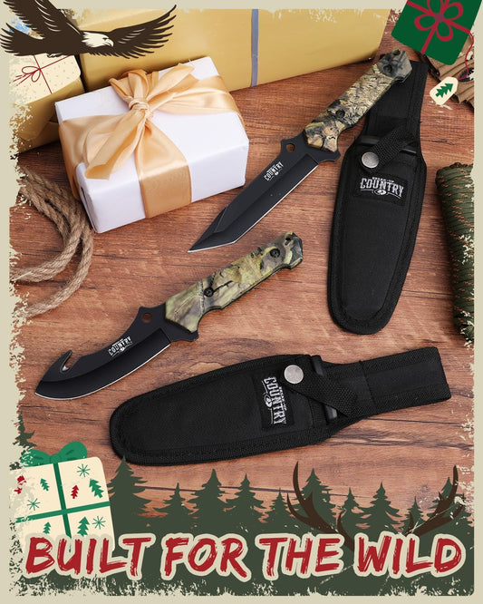 Mossy Oak 2-Piece Hunting Knives Gut Hook Set with Sheath Fixed Blade Stainless Steel Blades - PuriLite