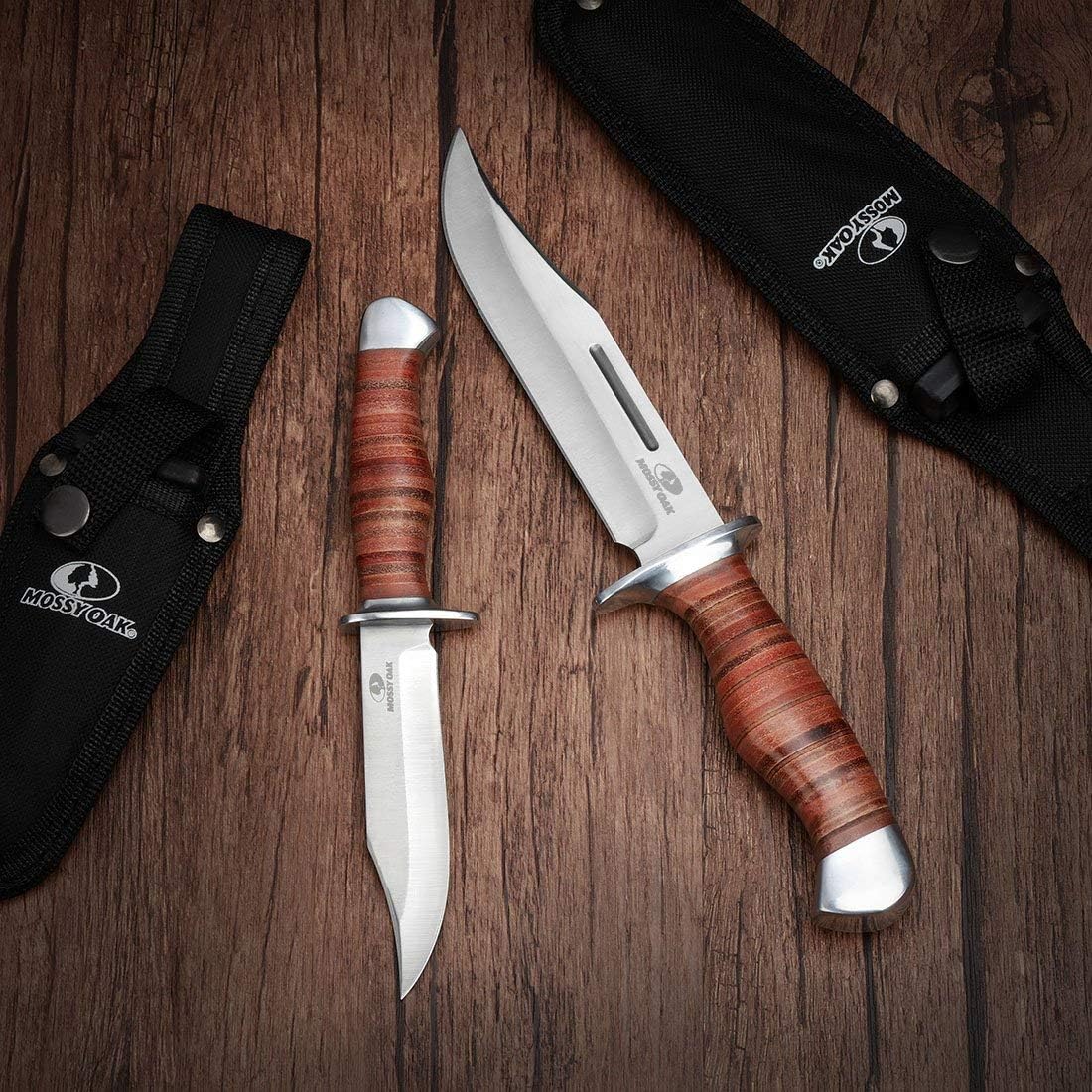 Mossy Oak 2-Piece Bowie Knife, Fixed Blade Hunting Buck Knife Set Leather Handle with Sheath