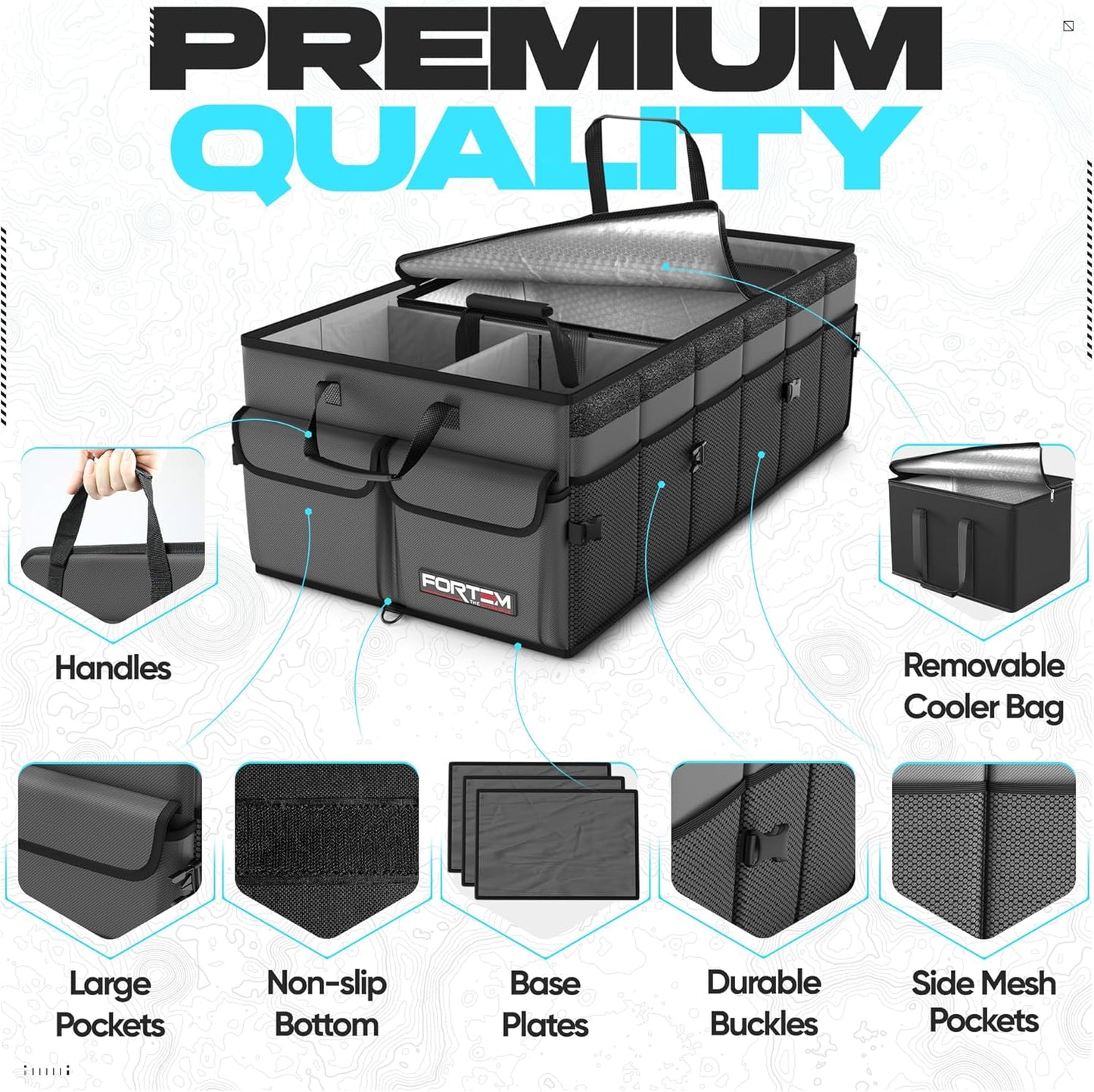 FORTEM Car Trunk Organizer, Collapsible Multi Compartment Car Organizer, Foldable SUV Storage for Car Accessories for Women Men, Non Slip Bottom, Securing Straps, Soft Cover 50L (Black, Standard)