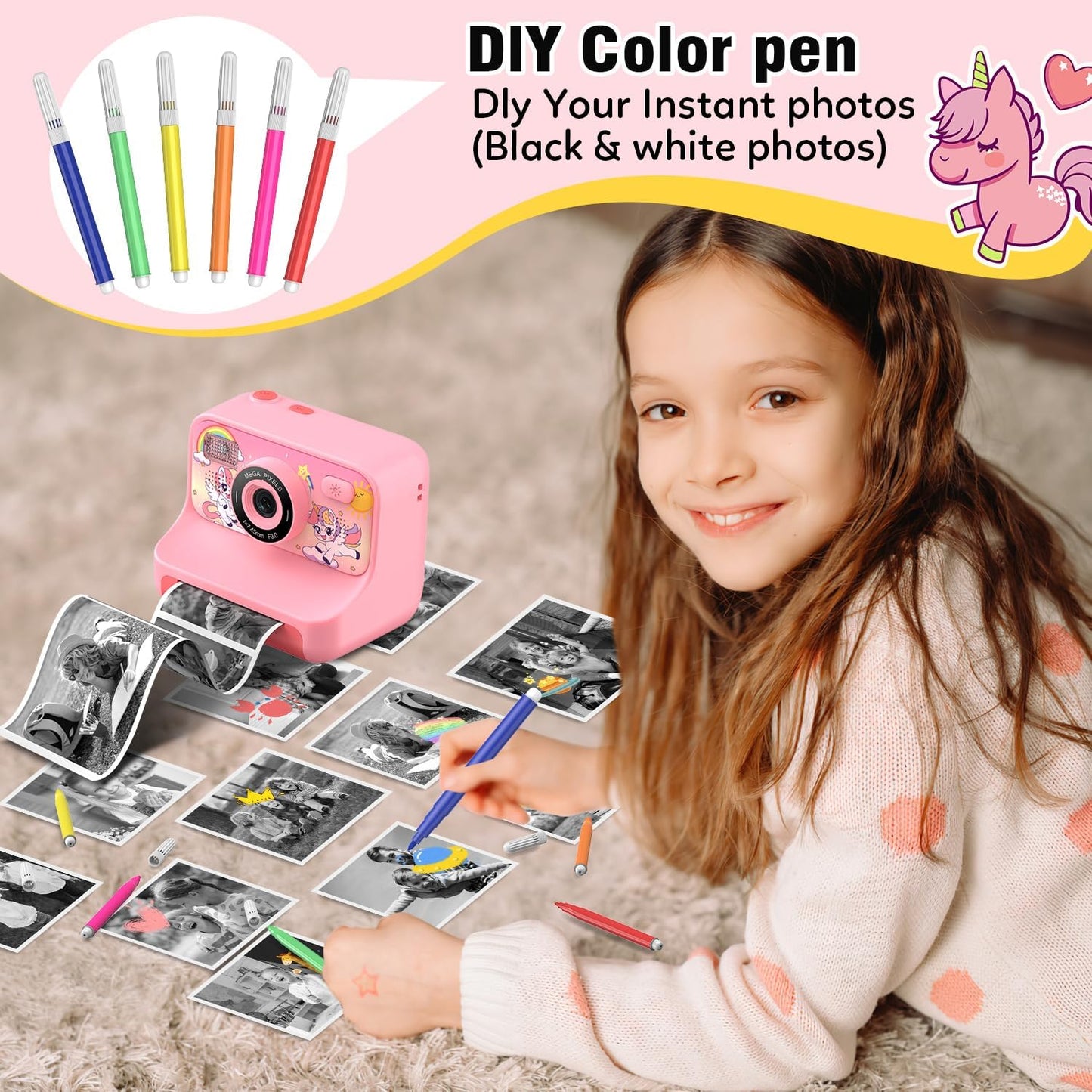 Instant Print Camera for Kids Age 3-12 Girls Boys 1080P Selfie HD Digital Video Cameras with 6 Print Paper & 32G Card Toddler Portable Travel Toys Camera for Christmas Birthday Gifts