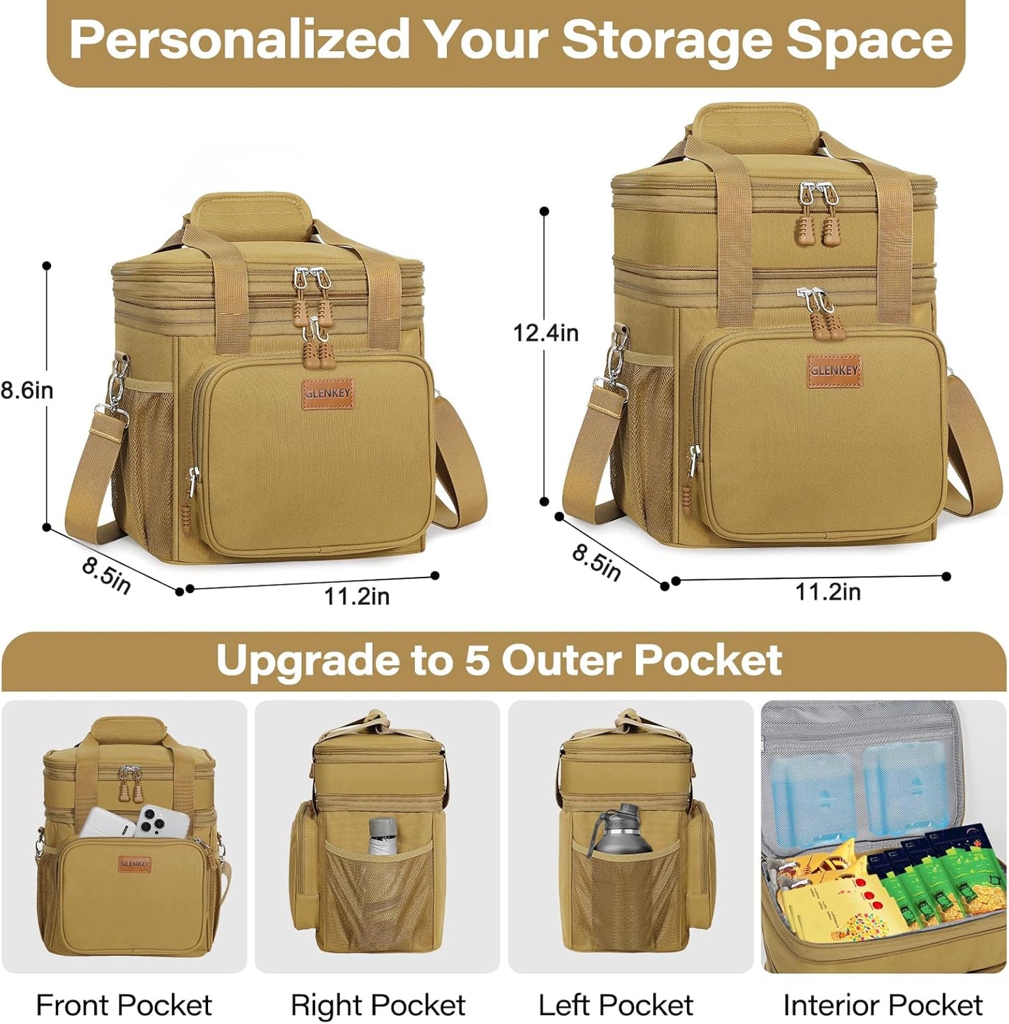 Expandable Large Lunch Bag, Double Deck Insulated Lunch Box Leakproof Durable Soft Cooler Bag for Men Women Adults Work Construction Beach Picnic Daytrip,16L,Black, GLENKEY