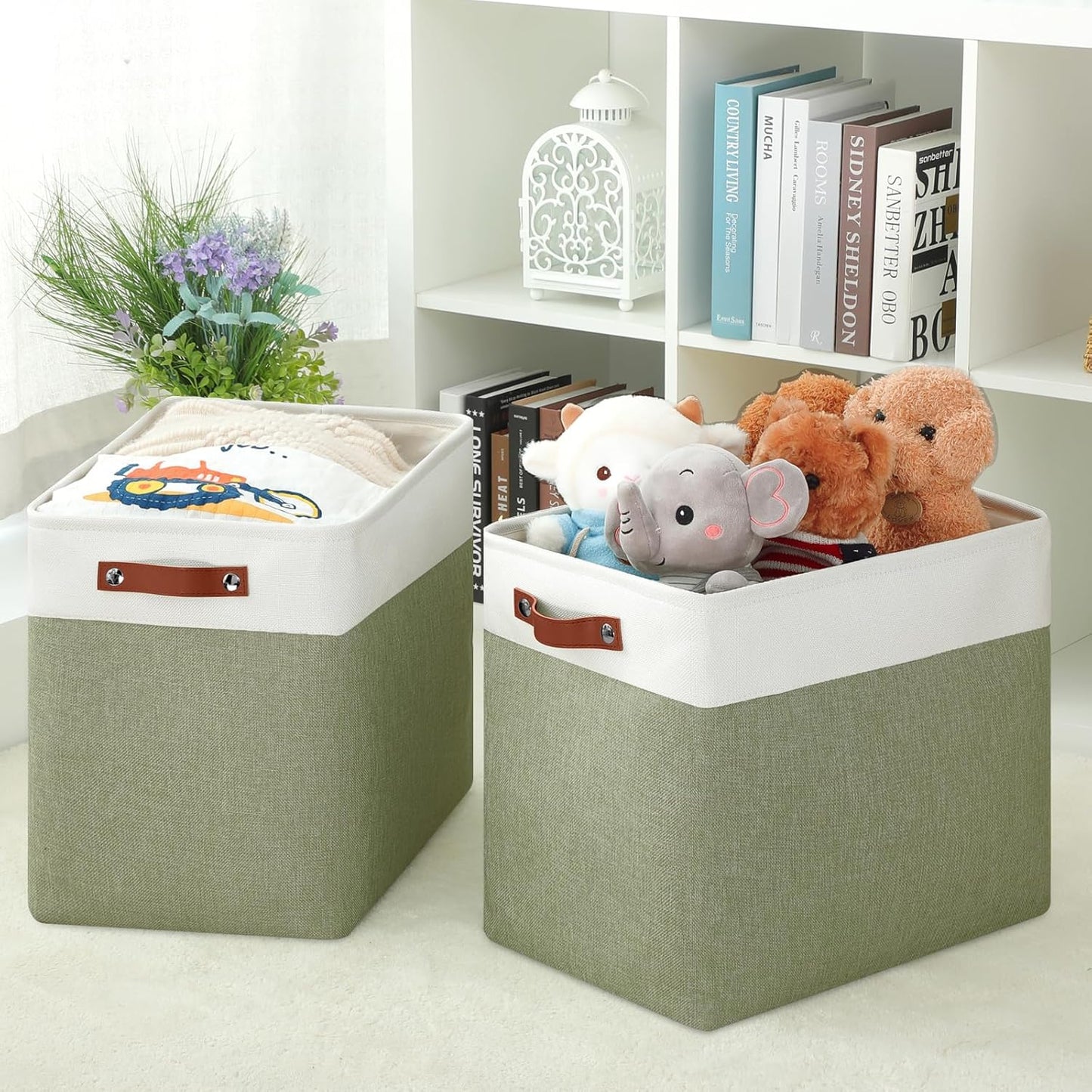 DULLEMELO Storage Baskets for Shelves, Fabric Collapsible Rectangular Storage Bins for Shelves, Closets, Nursery, Home, Office, Empty Gift Baskets (White&Teal)