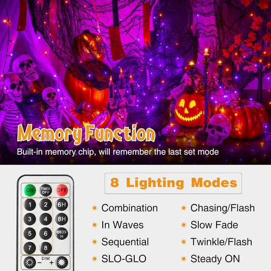 btfarm Halloween Lights Outdoor with Remote, 115FT 300 LED Orange Purple Halloween String Lights Indoor, Waterproof Connectable 8 Modes Plug in Twinkle Light for Tree Yard Garden Party Decorations - PuriLite