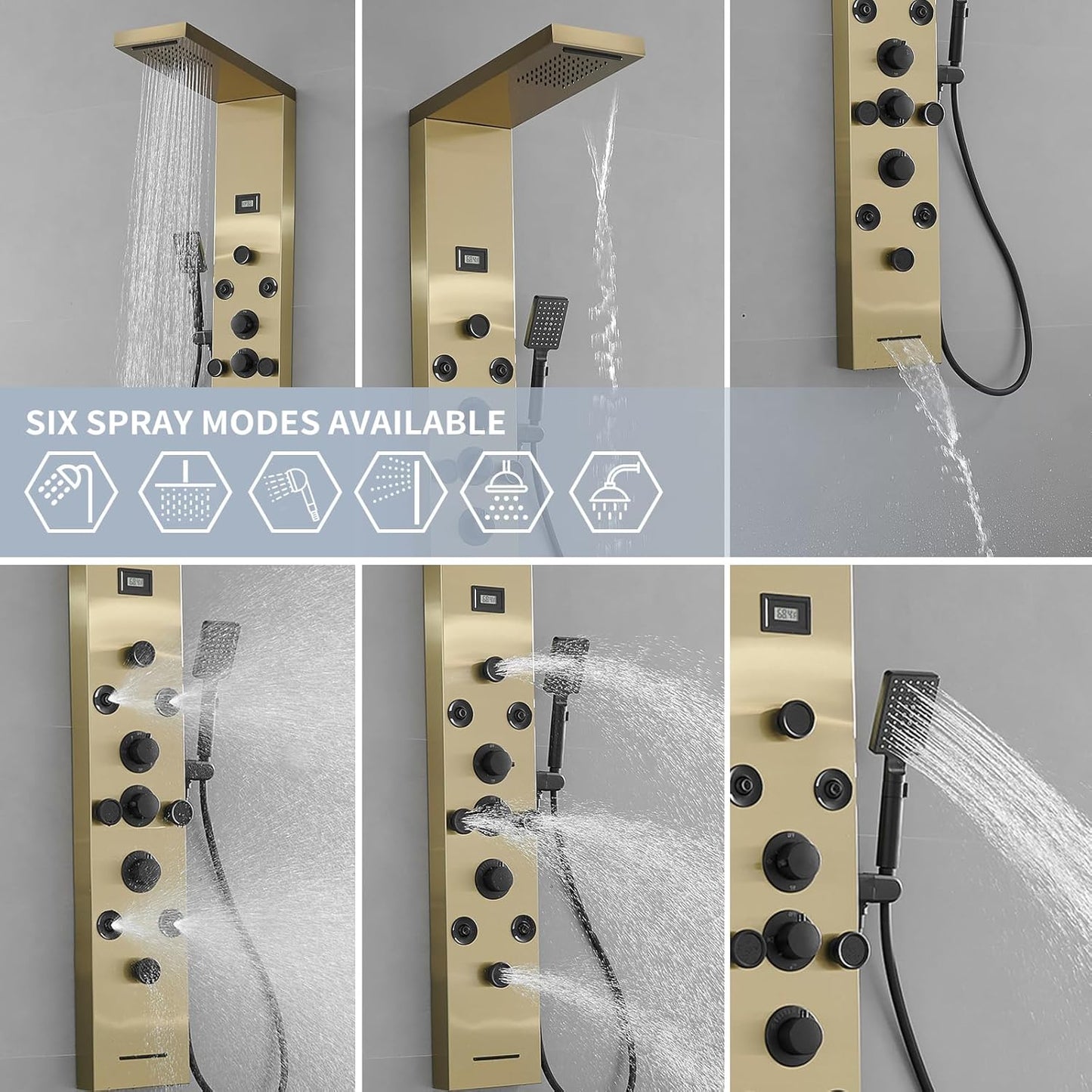 Bathfinesse Shower Tower Bathroom Shower Panel System Rain Massage System 6 in 1 Body Spray Jets Shower Wall Panels Rainfall Waterfall Shower Head Tub Spout with Temperature Display,Matte Black