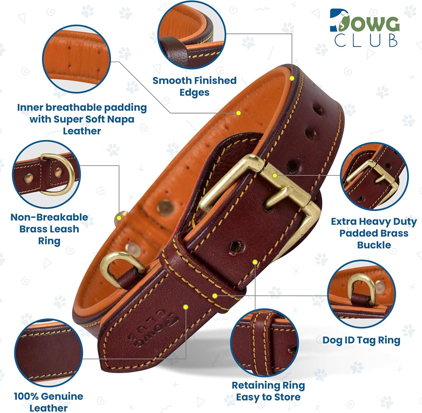 DowgClub | Genuine Leather Dog Collar | Full Grain, Heavy Duty | Comfortable, Strong | Best for Pups, Small, Medium & Large Breeds | Pink, Brown, Black, Tan