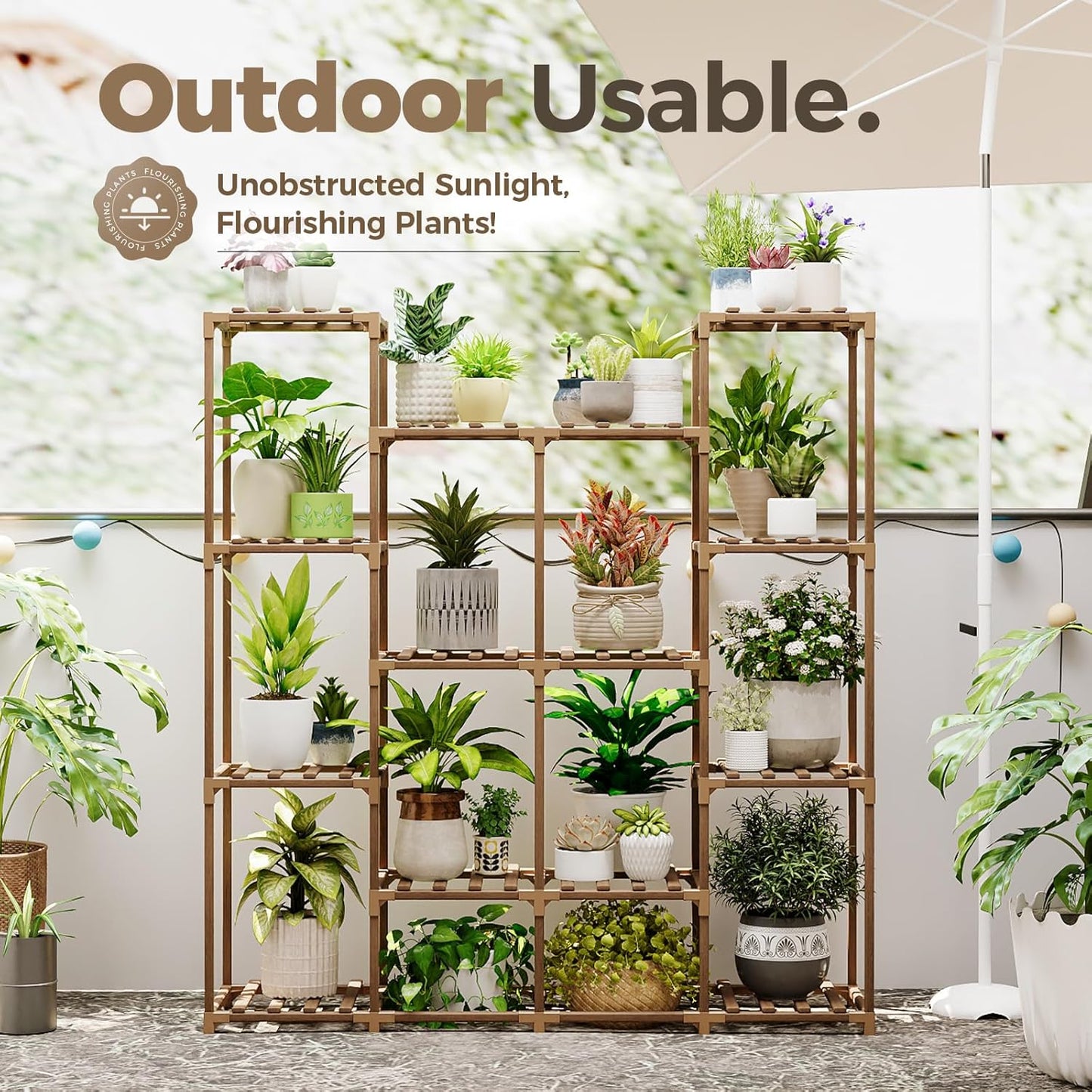 Bamworld Plant Stand Indoor Outdoor Hanging Plant Shelf for Multiple Plants Pots Wood Flower Stand Tall Large Flower Holder for Living Room, Patio, Balcony, Garden Decor, Brown