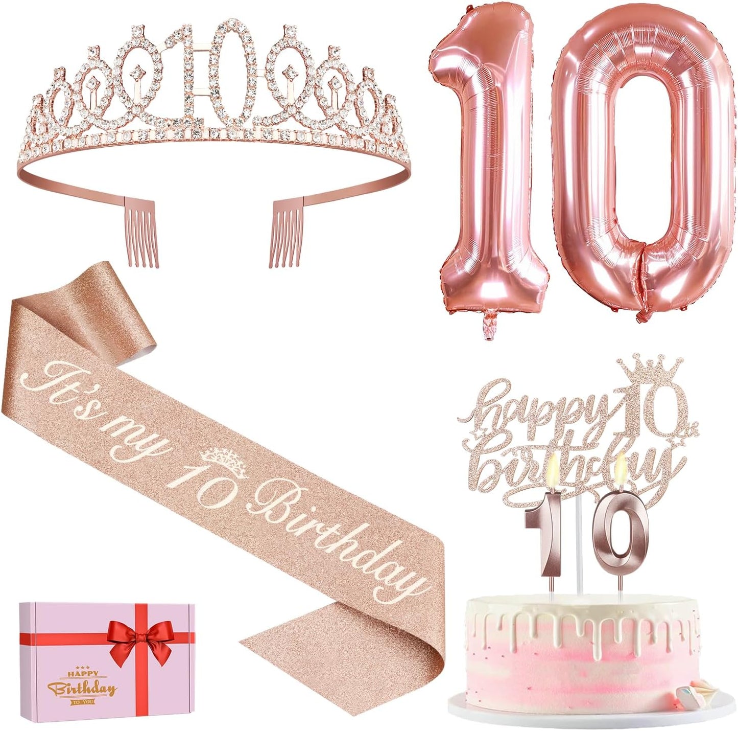 65th Birthday Decorations for Women, Including 65th Birthday Sash and Crown, Cake Topper and Candles, Number Balloons Rose Gold, 65 Year Old Gifts for Women
