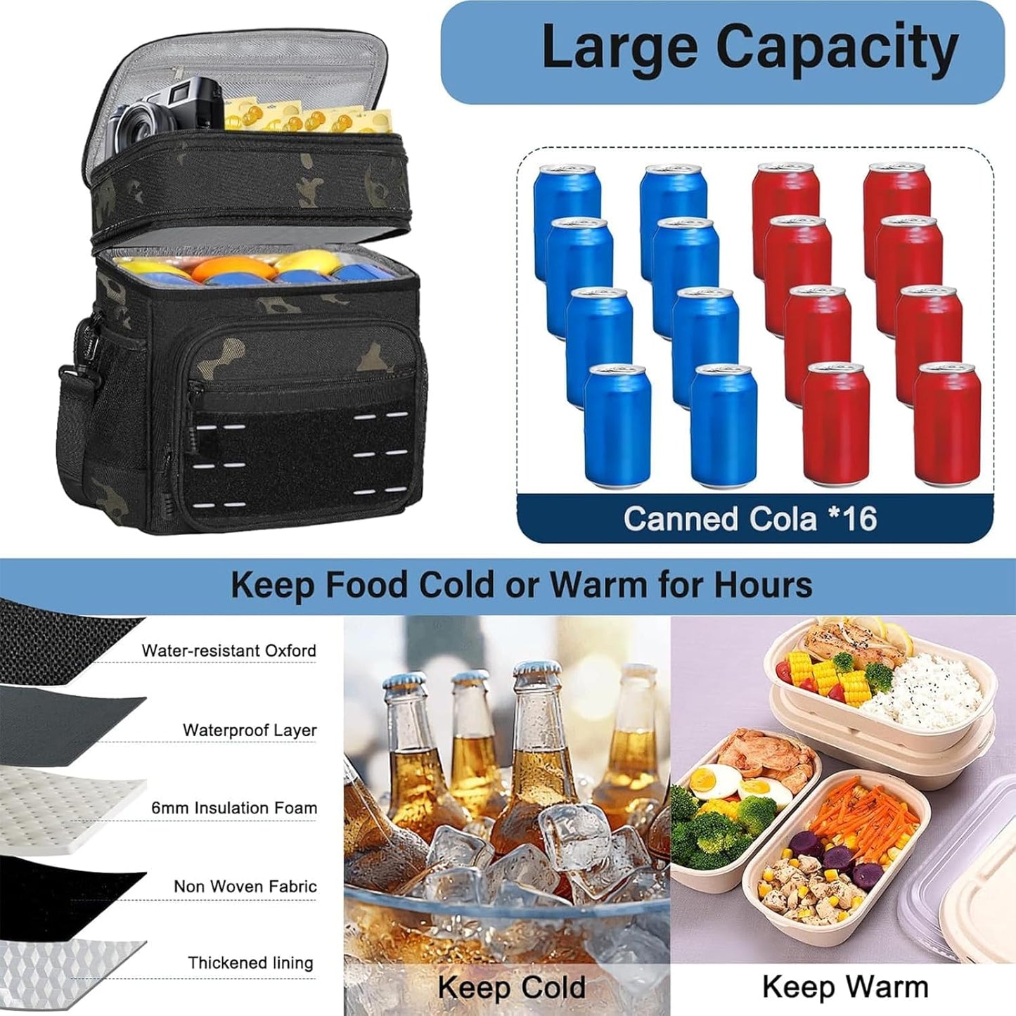 Lunch Box Cooler Bag - Insulated Tactical Lunchbox for Men - XLarge Lunch Pail Lunch Kit for Adults Work Outdoor Shifts Trips Black Camo 25L