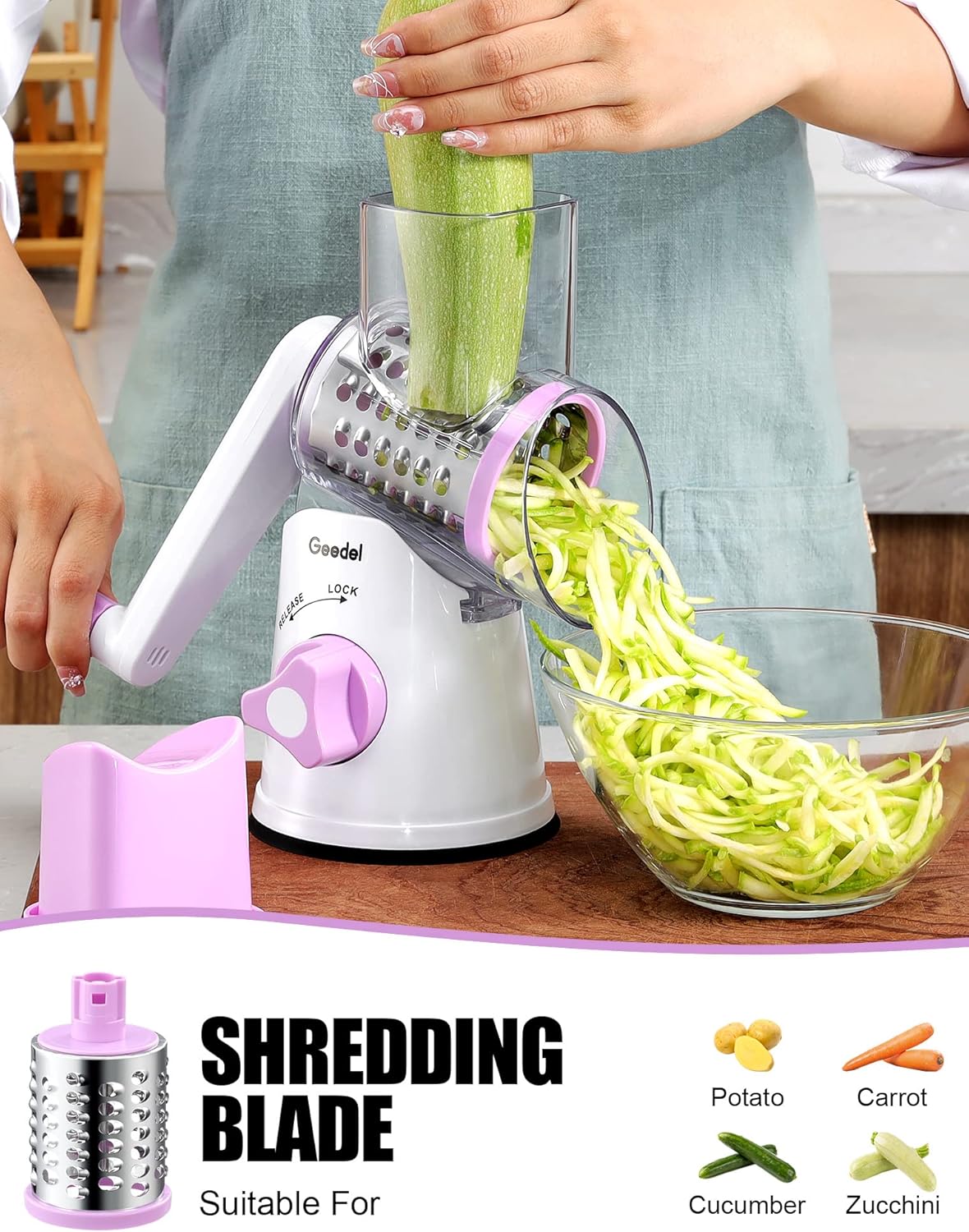 Geedel Kitchen Cheese Grater, Rotary Mandoline Vegetable Slicer with Interchangeable Blades, Easy to Use Rotary Grater Slicer for Fruit, Vegetables, Nuts